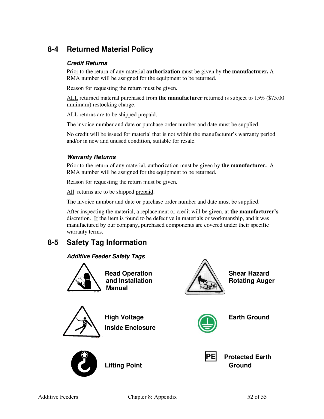 Sterling AF-XXX specifications Returned Material Policy, Safety Tag Information, Credit Returns, Warranty Returns 