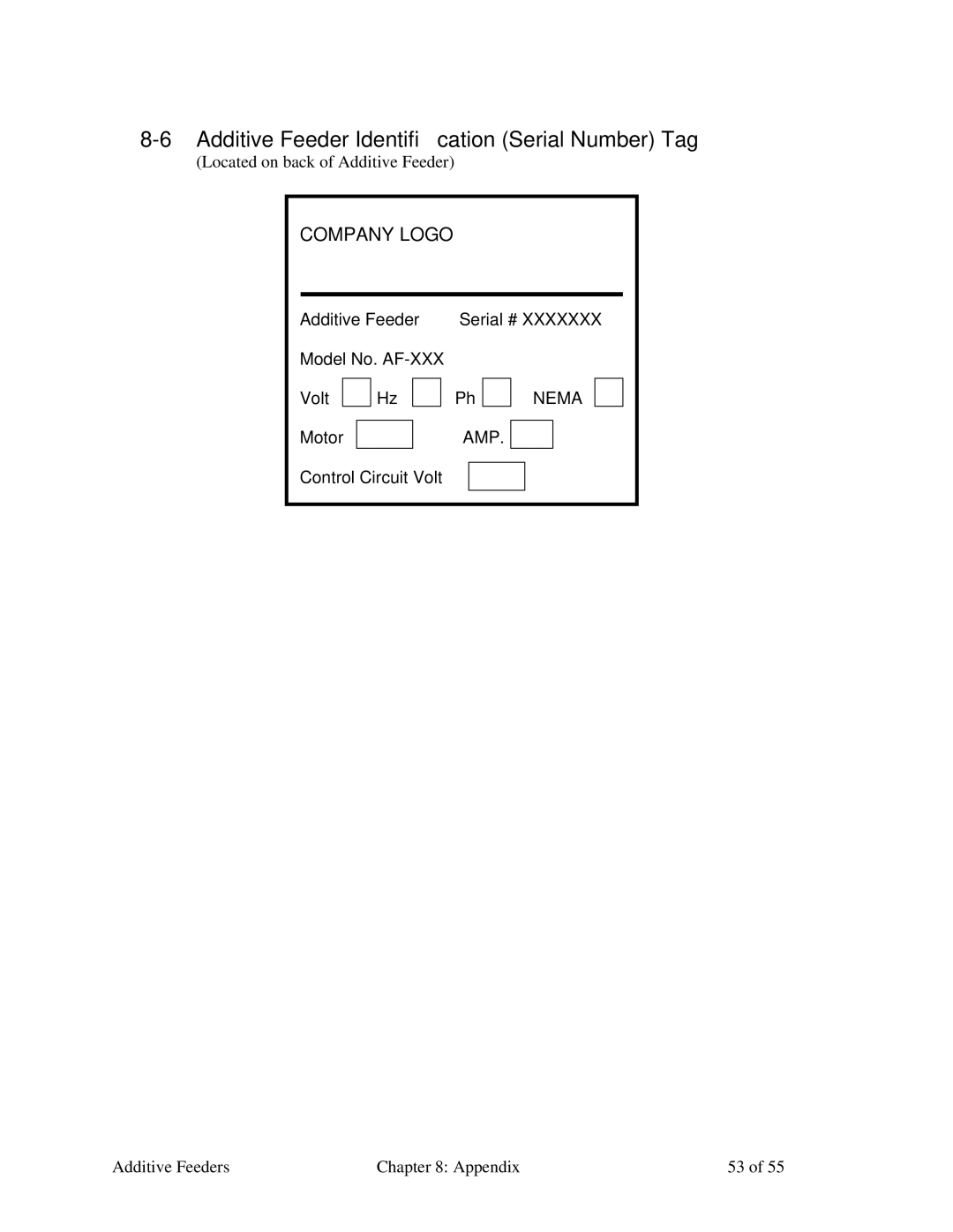 Sterling AF-XXX specifications Additive Feeder Identification Serial Number Tag, Company Logo 