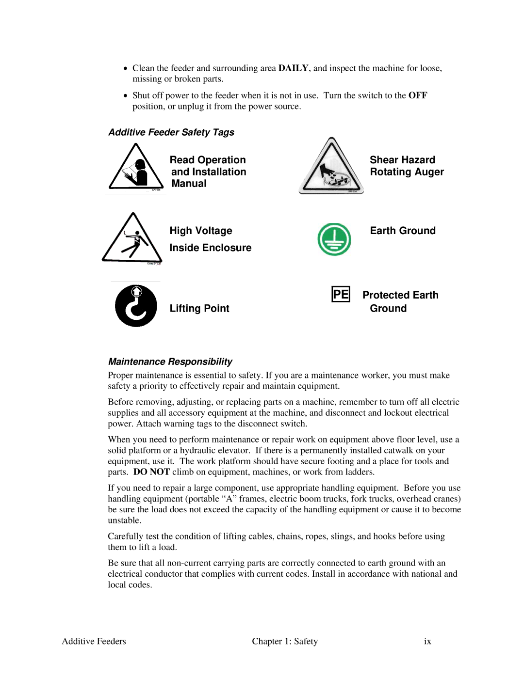 Sterling AF-XXX specifications Additive Feeder Safety Tags, Maintenance Responsibility 