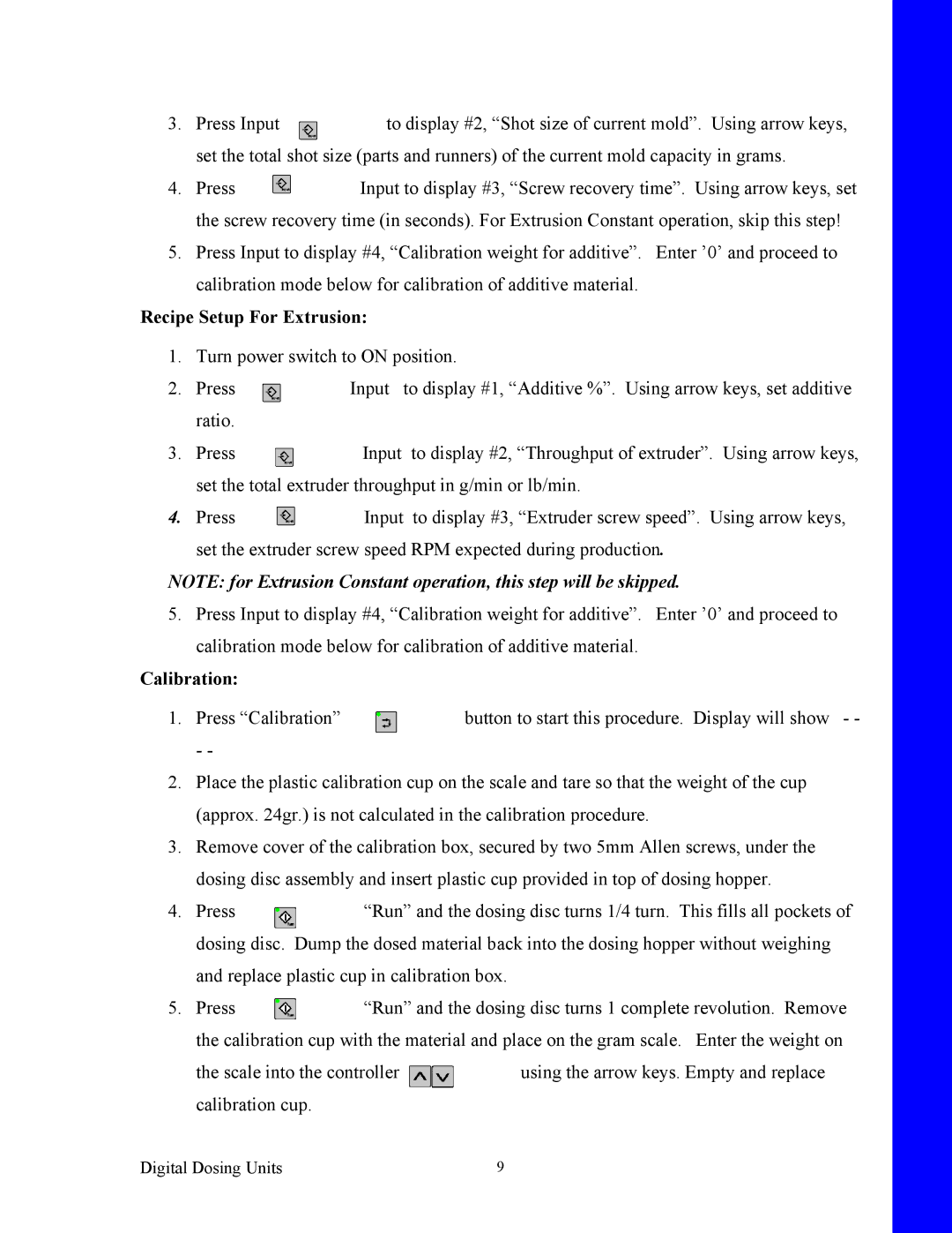 Sterling BF3-600 specifications Recipe Setup For Extrusion, Calibration 