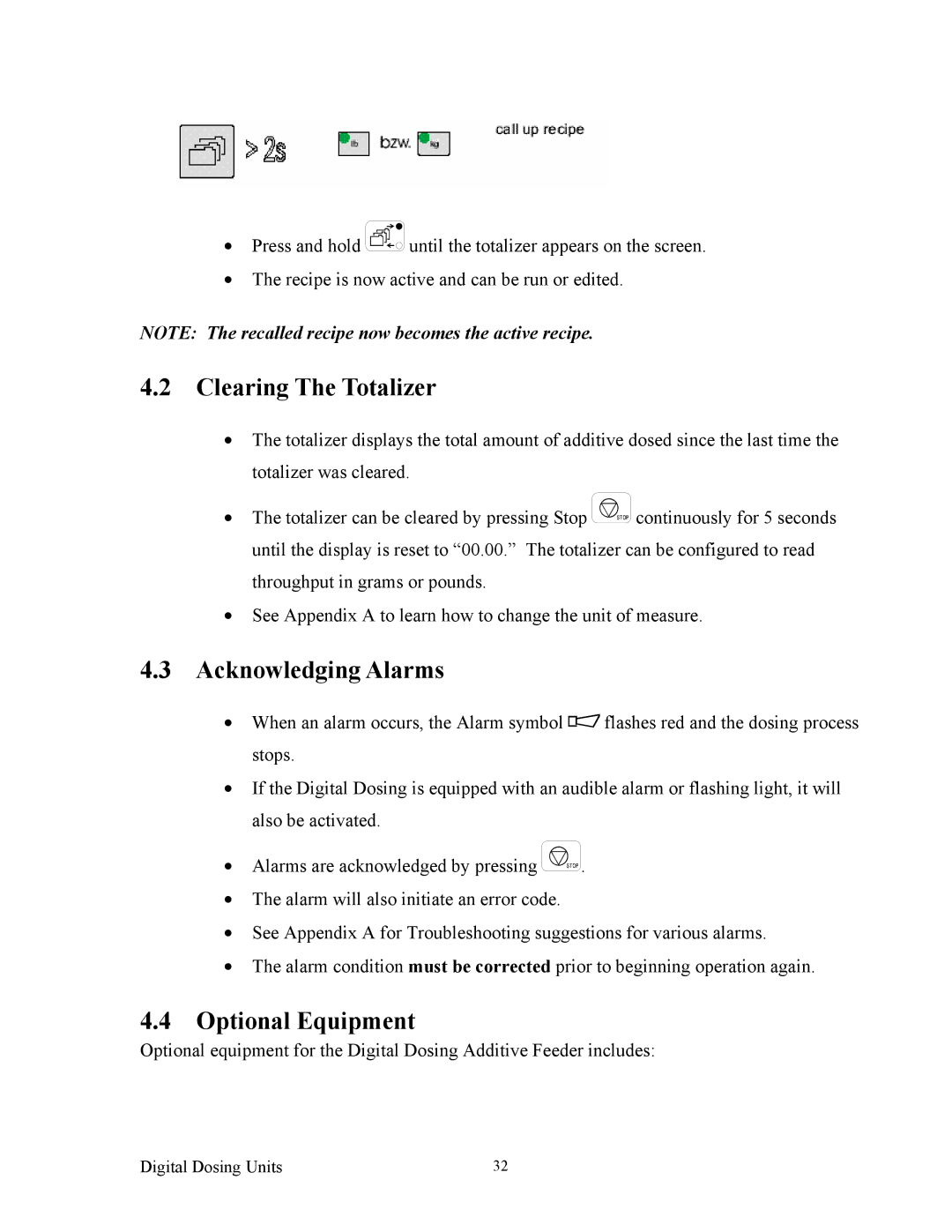 Sterling BF3-600 specifications Clearing The Totalizer, Acknowledging Alarms, Optional Equipment 