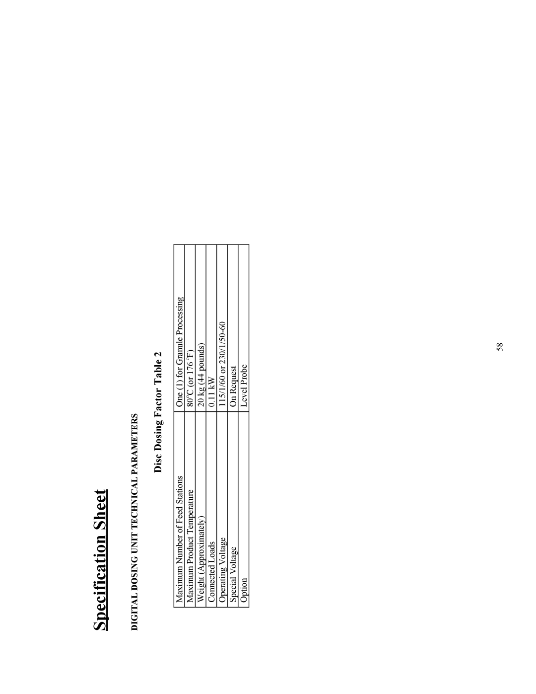 Sterling BF3-600 specifications Specification Sheet, Disc Dosing Factor Table 