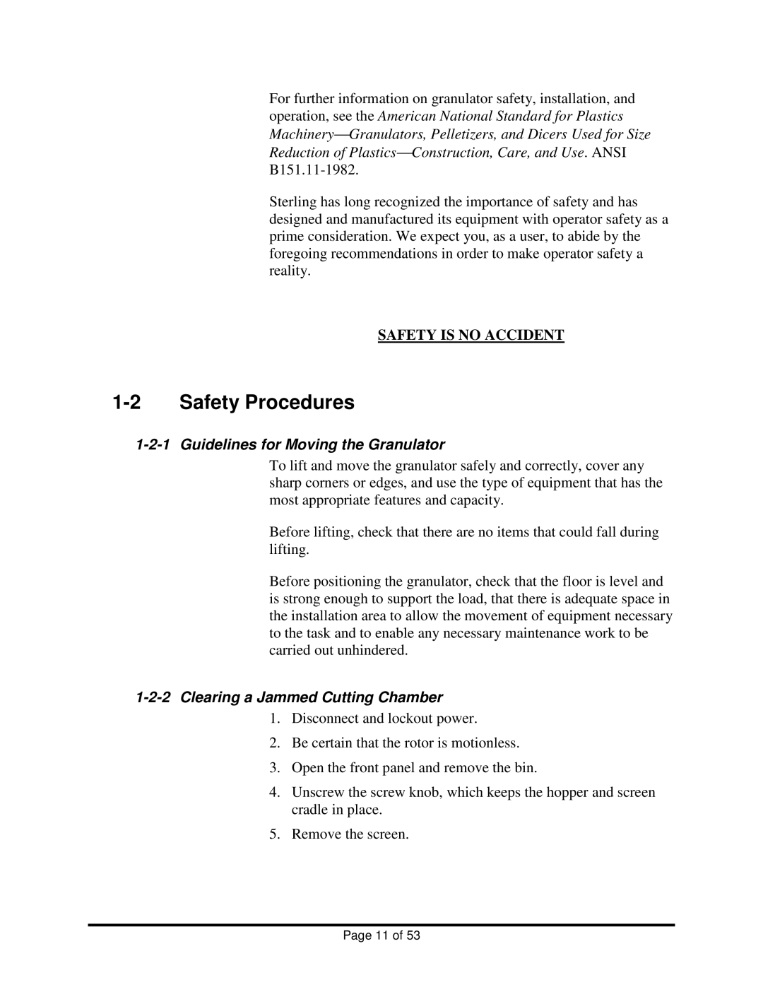 Sterling BP1012, BP1018 Safety Procedures, Guidelines for Moving the Granulator, Clearing a Jammed Cutting Chamber 