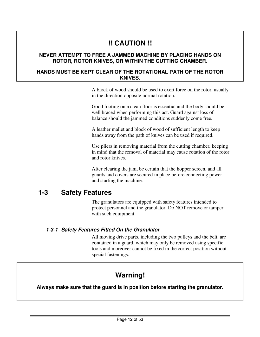 Sterling BP1018, BP1012 installation manual Safety Features Fitted On the Granulator 