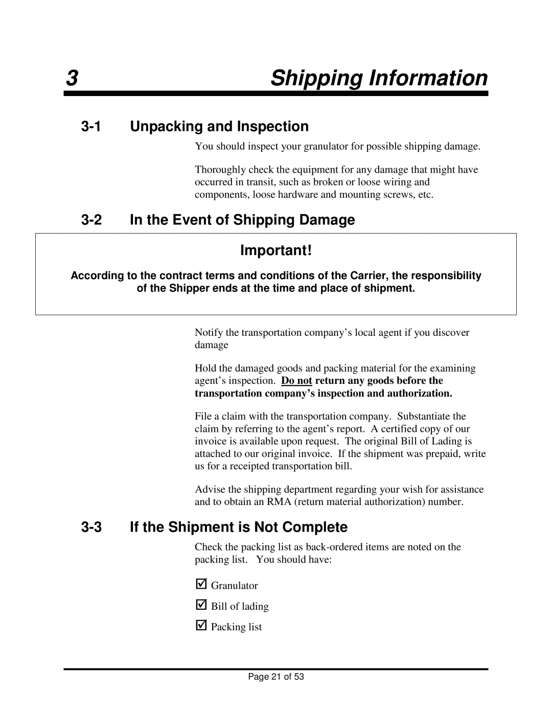 Sterling BP1012 Shipping Information, Unpacking and Inspection, Event of Shipping Damage, If the Shipment is Not Complete 