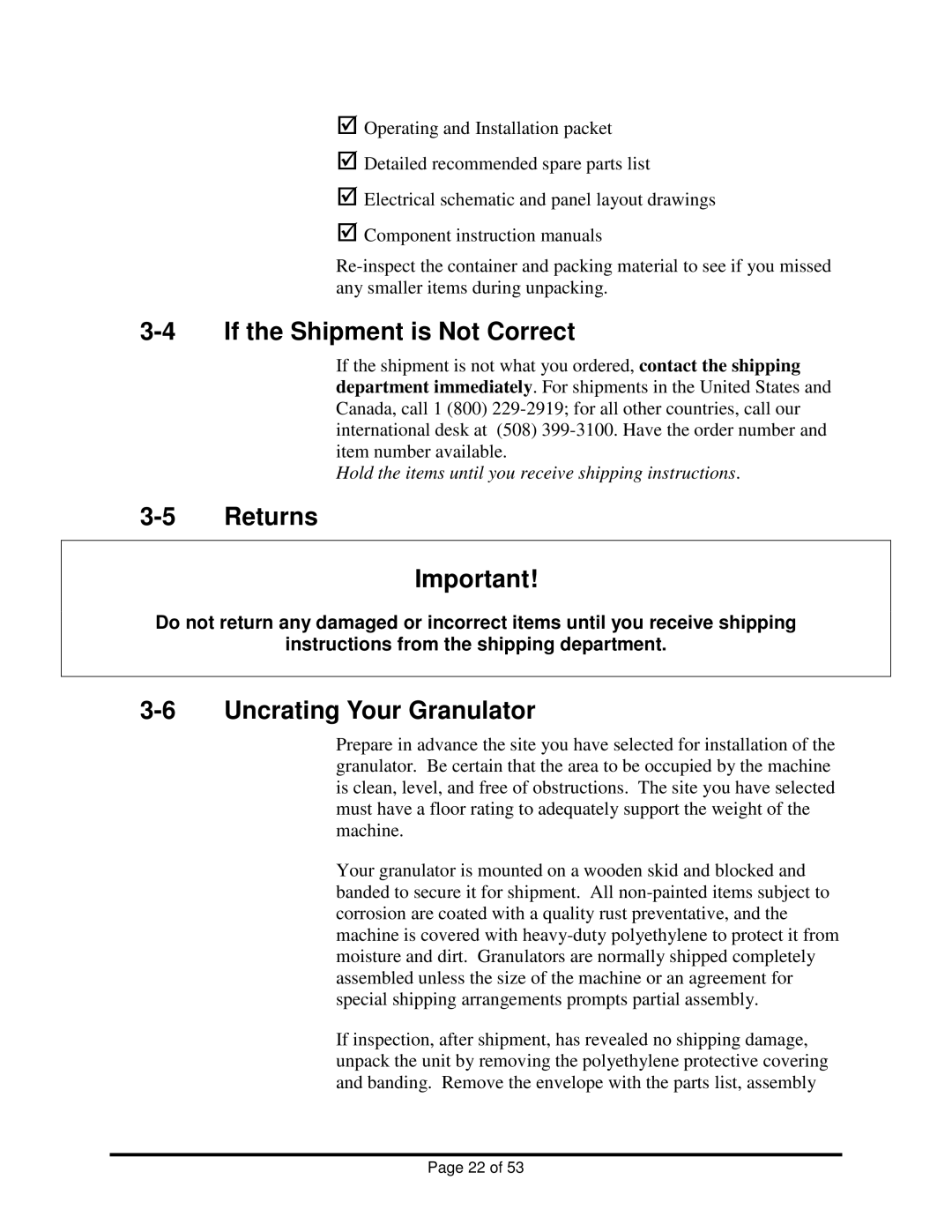 Sterling BP1018, BP1012 installation manual If the Shipment is Not Correct, Returns, Uncrating Your Granulator 