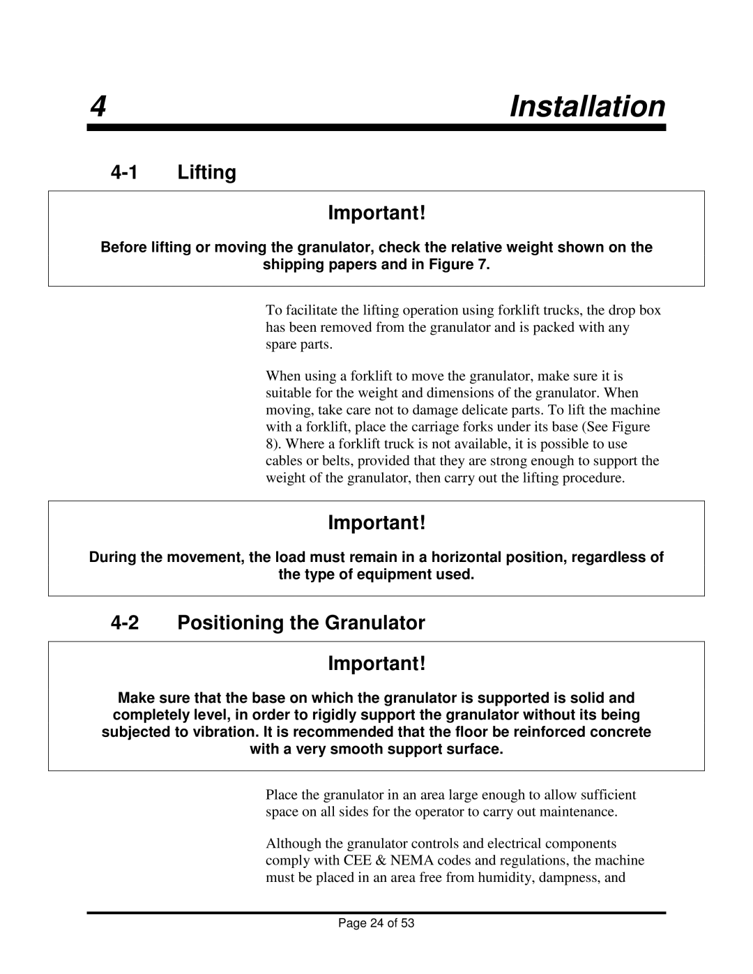 Sterling BP1018, BP1012 installation manual Installation, Lifting, Positioning the Granulator 