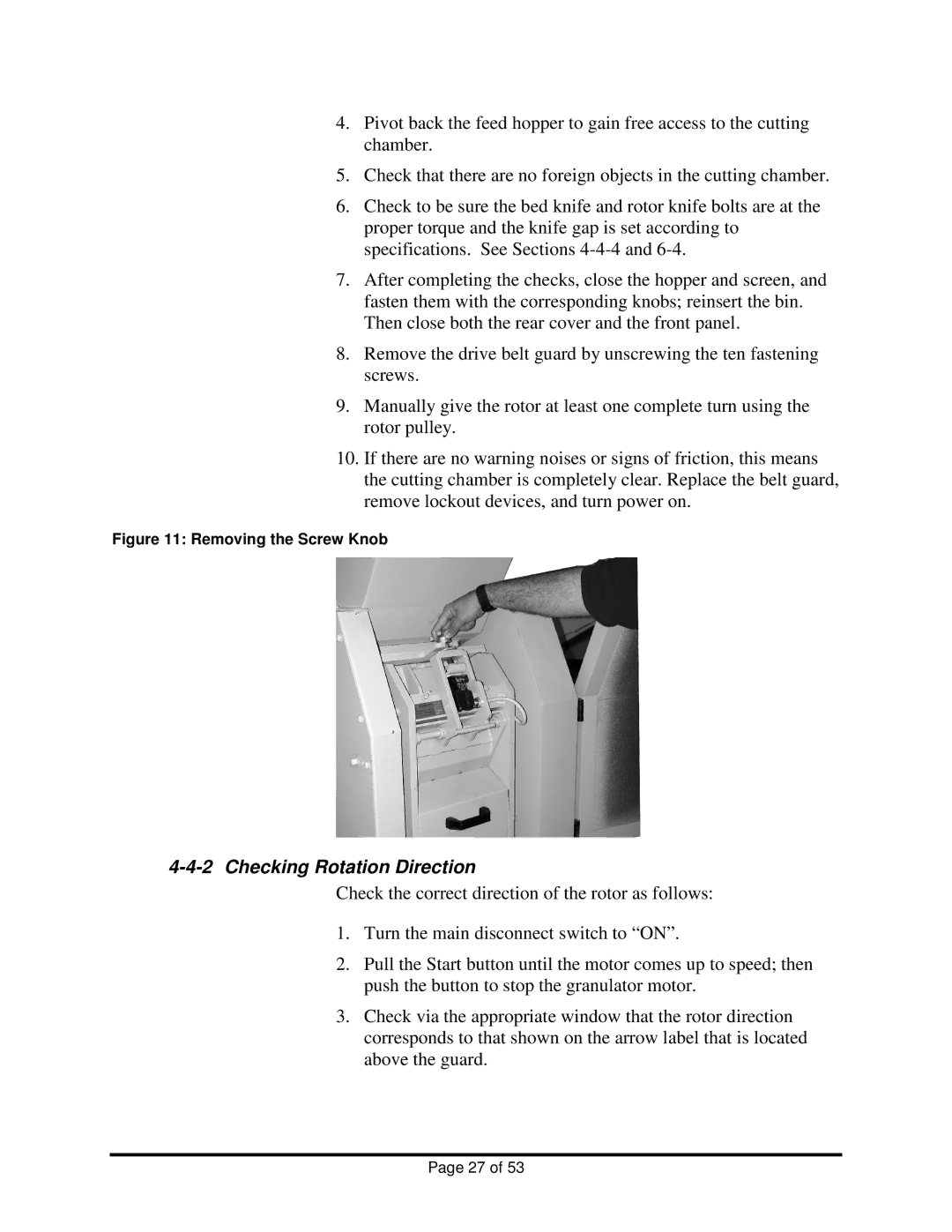 Sterling BP1012, BP1018 installation manual Checking Rotation Direction, Removing the Screw Knob 