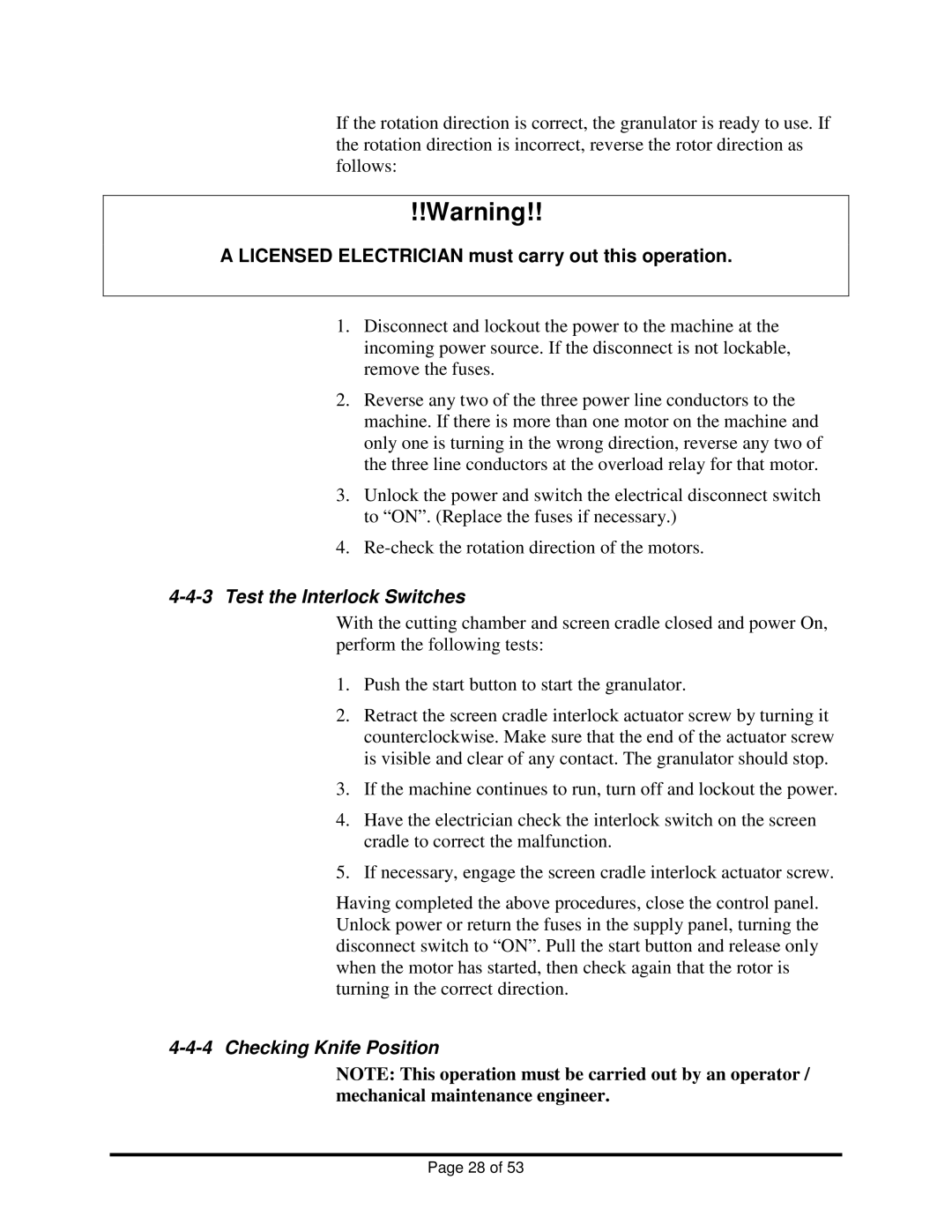 Sterling BP1018, BP1012 installation manual Test the Interlock Switches, Checking Knife Position 