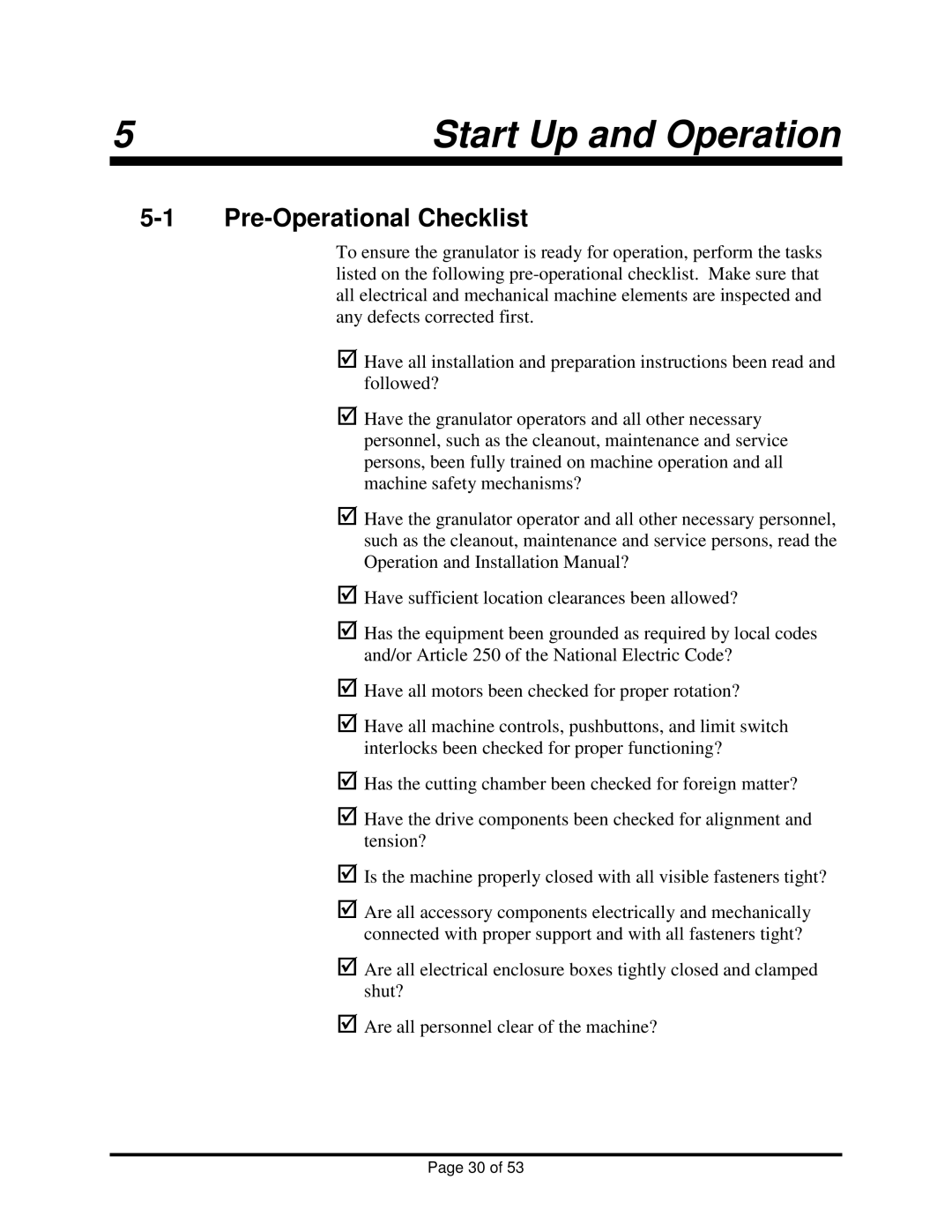 Sterling BP1018, BP1012 installation manual Start Up and Operation, Pre-Operational Checklist 