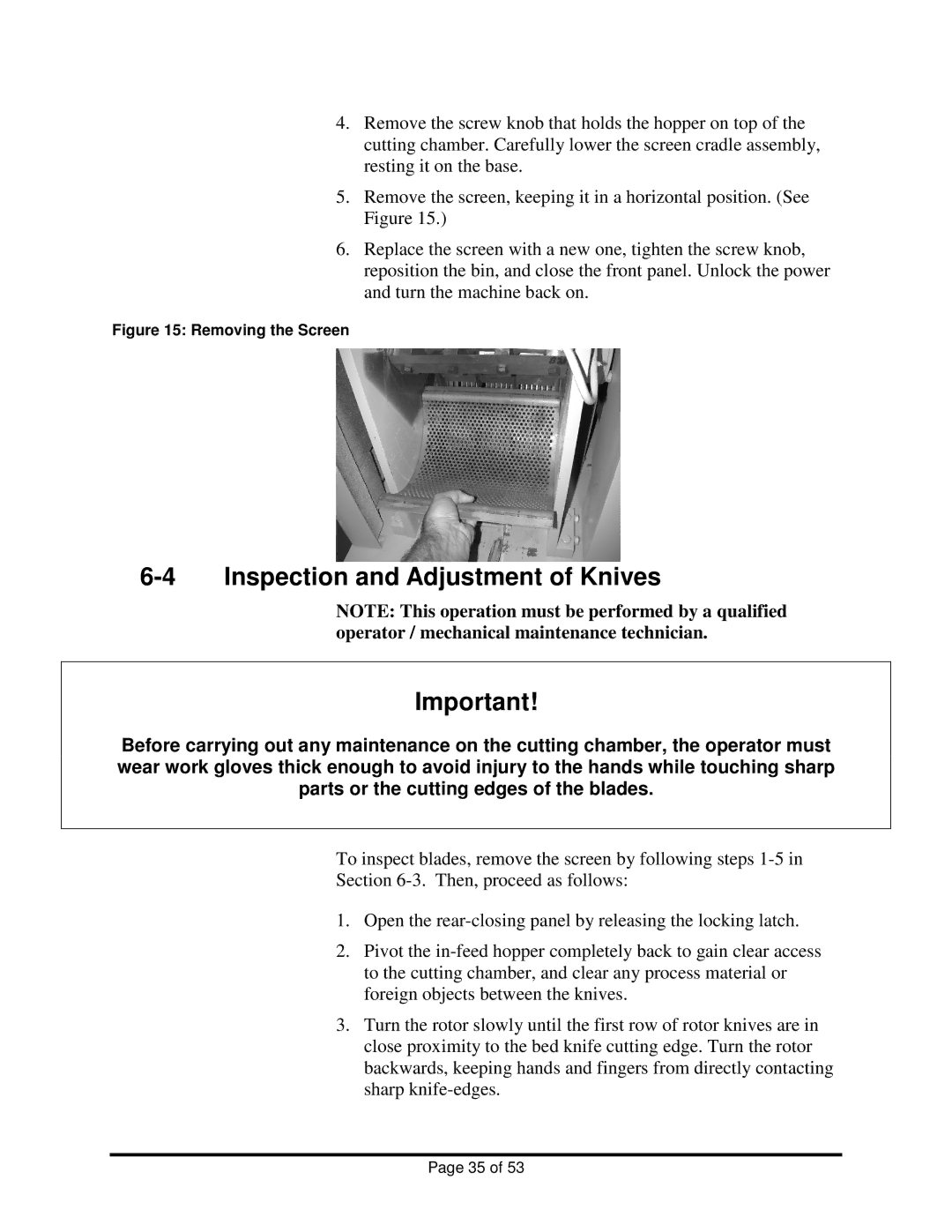 Sterling BP1012, BP1018 installation manual Inspection and Adjustment of Knives, Removing the Screen 