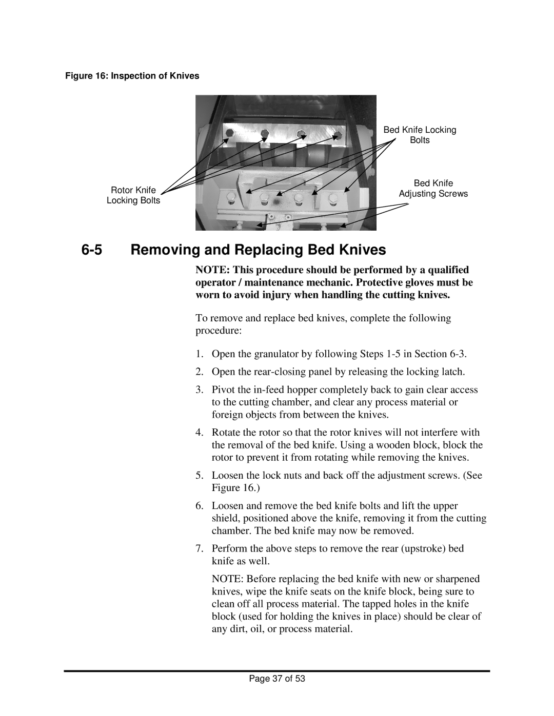 Sterling BP1012, BP1018 installation manual Removing and Replacing Bed Knives, Inspection of Knives 