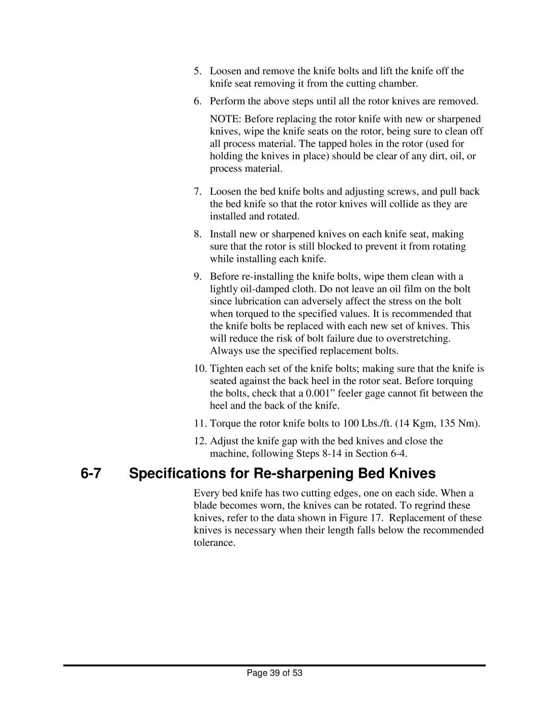 Sterling BP1012, BP1018 installation manual Specifications for Re-sharpening Bed Knives 