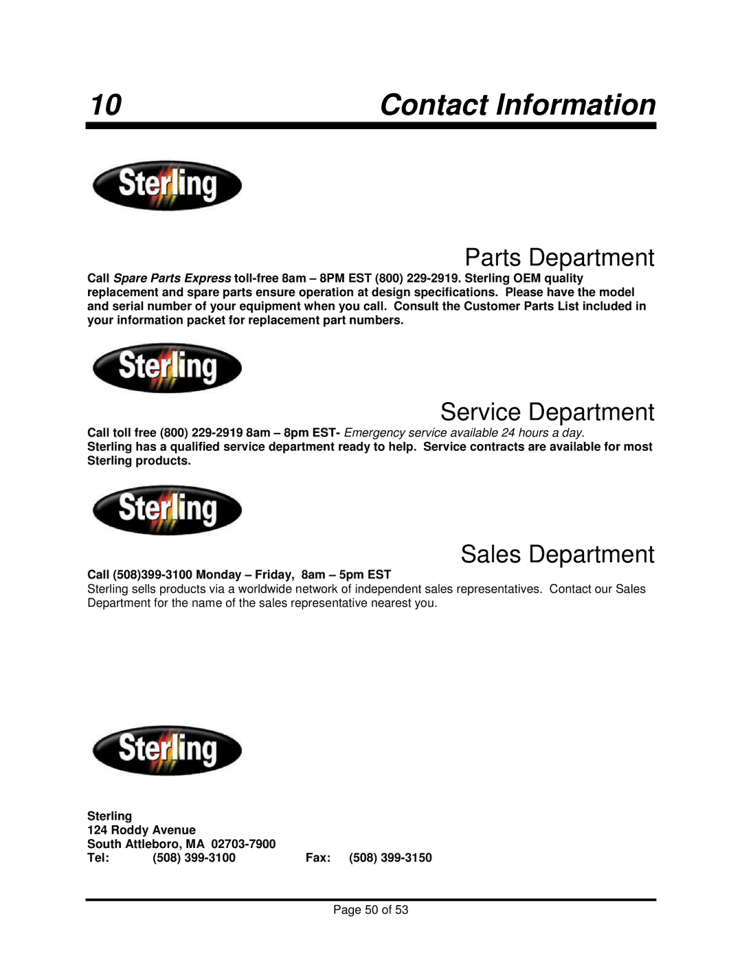 Sterling BP1018, BP1012 installation manual Contact Information, Parts Department 