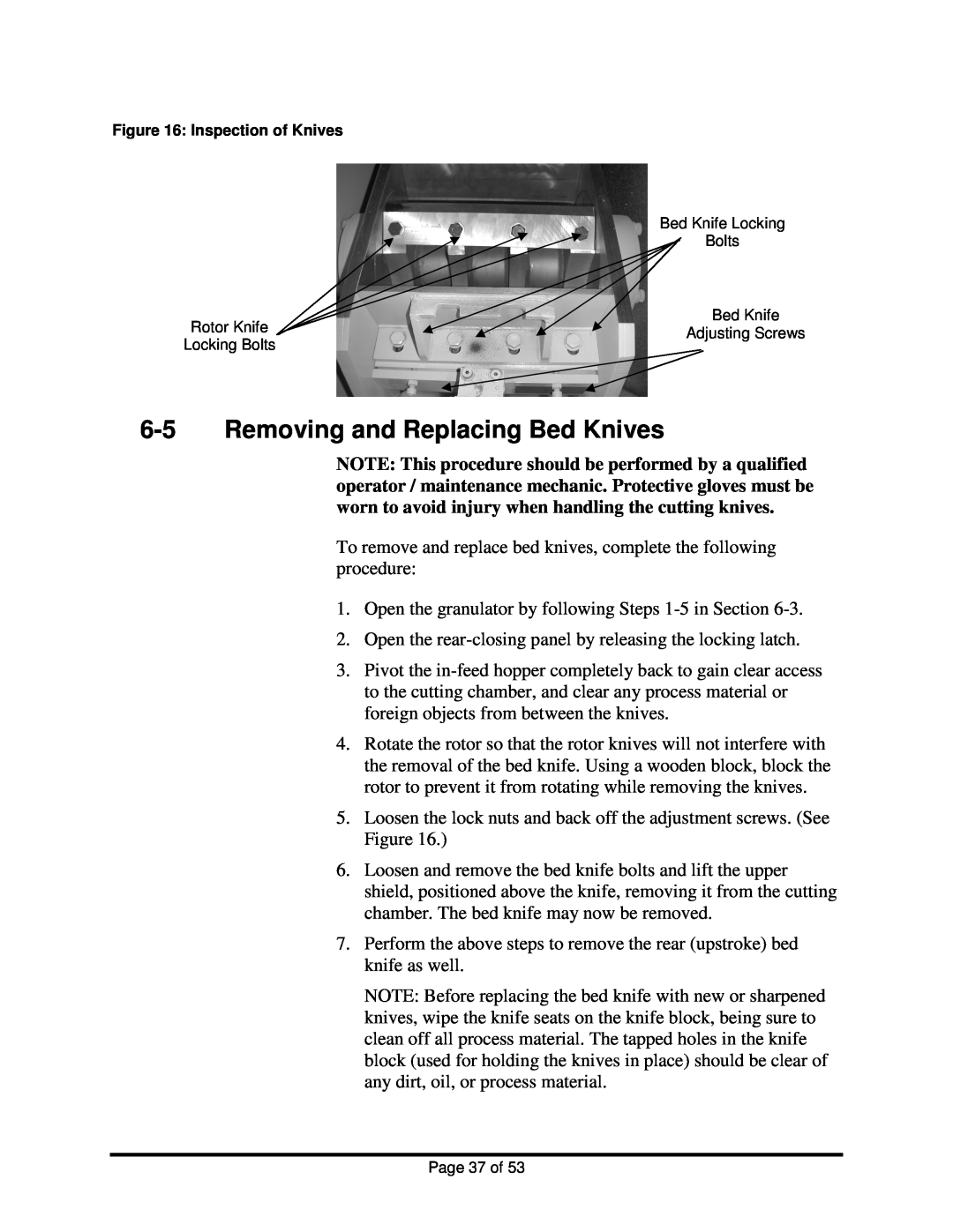 Sterling BP1012, BP1018 installation manual 6-5Removing and Replacing Bed Knives, Inspection of Knives 
