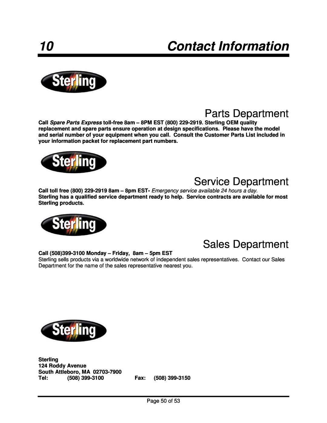 Sterling BP1018, BP1012 installation manual Contact Information, Parts Department, Service Department, Sales Department 