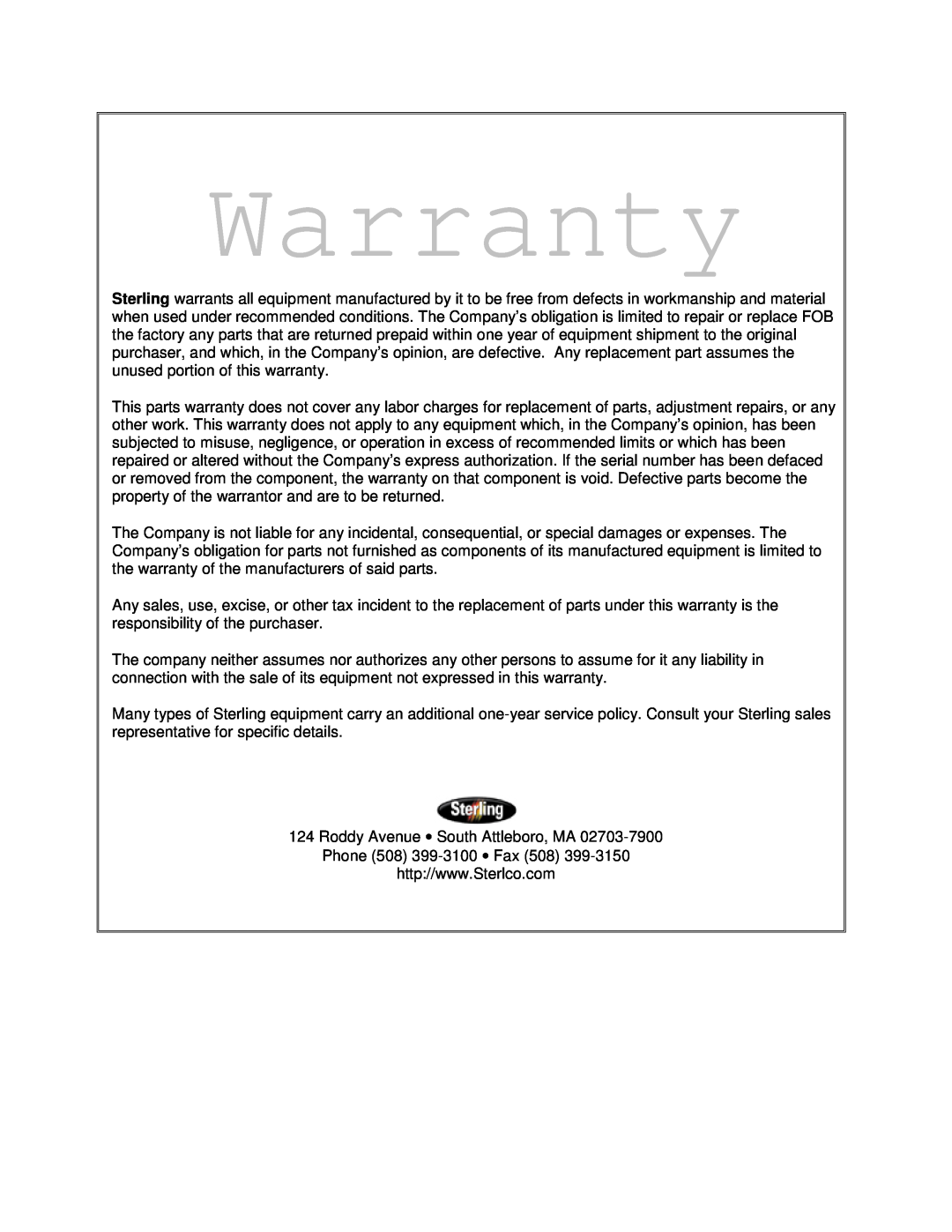 Sterling BP1018, BP1012 installation manual Warranty 