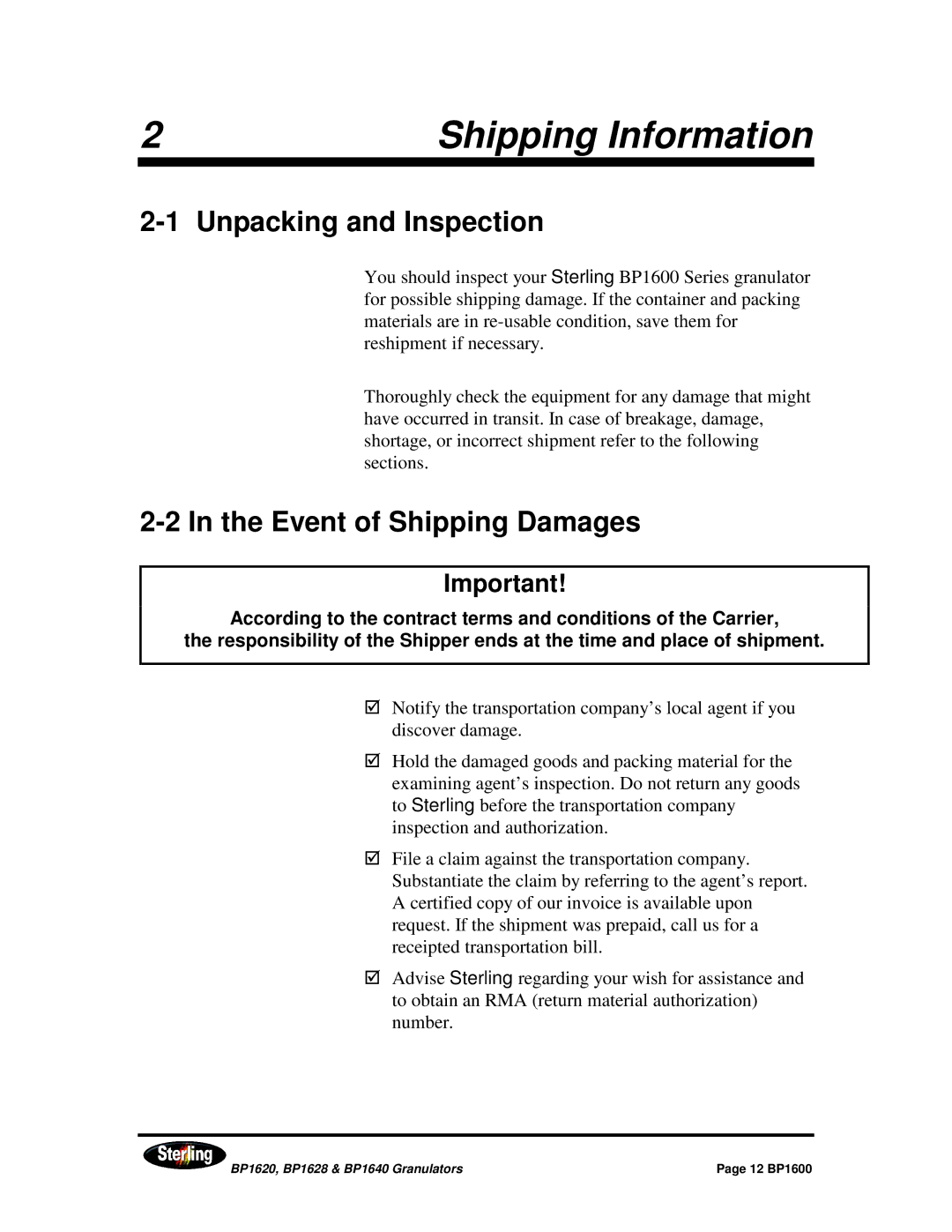 Sterling BP1628, BP1640, BP1620 installation manual Shipping Information, Unpacking and Inspection, Event of Shipping Damages 