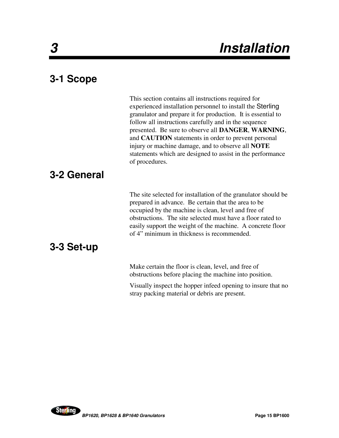 Sterling BP1628, BP1640, BP1620 installation manual Installation, Scope, General, Set-up 