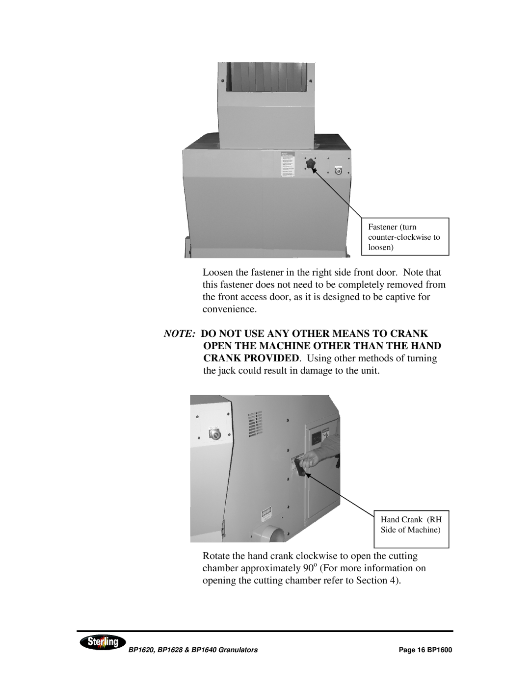 Sterling BP1640, BP1628, BP1620 installation manual Fastener turn counter-clockwise to loosen 