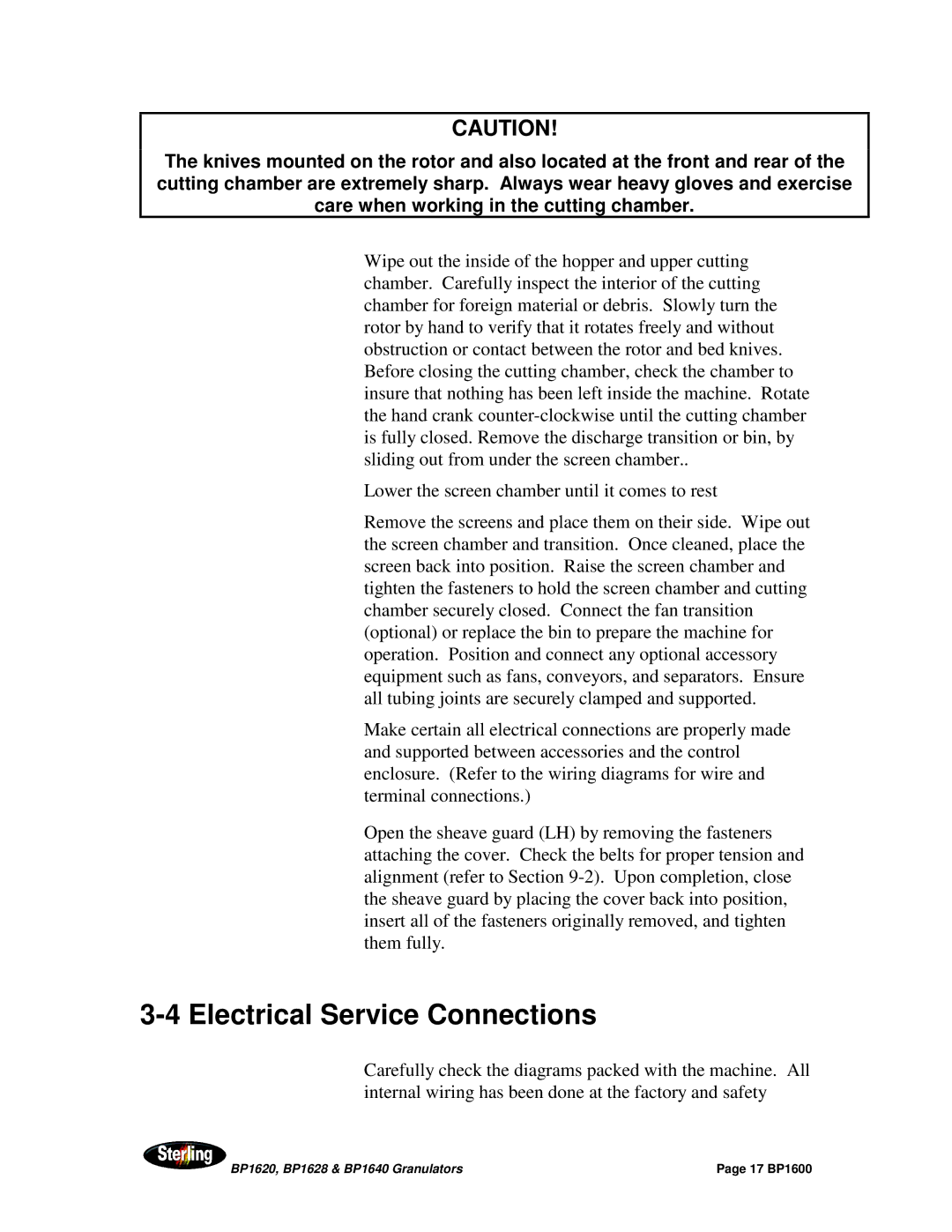 Sterling BP1620, BP1628, BP1640 installation manual Electrical Service Connections 