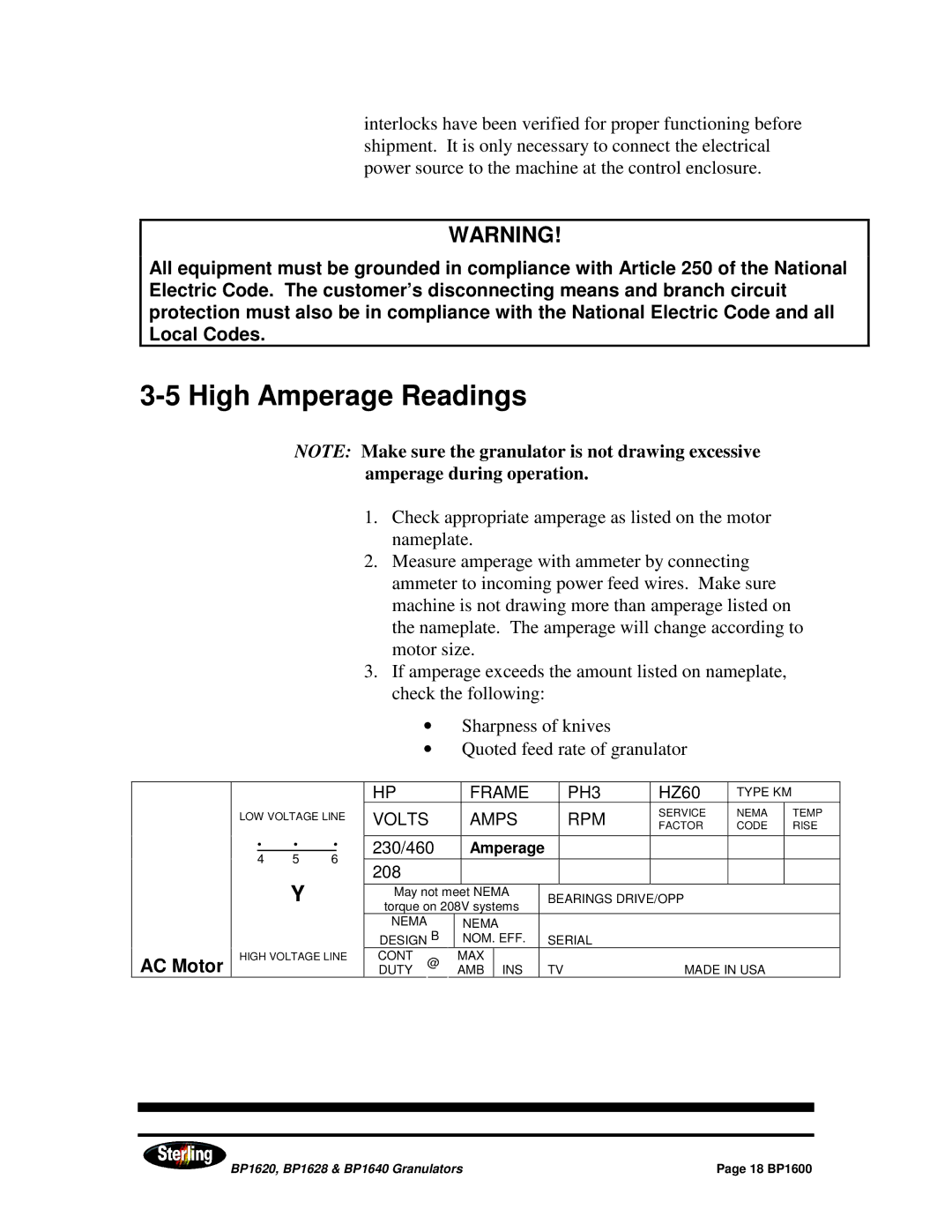 Sterling BP1628, BP1640, BP1620 installation manual High Amperage Readings, AC Motor 