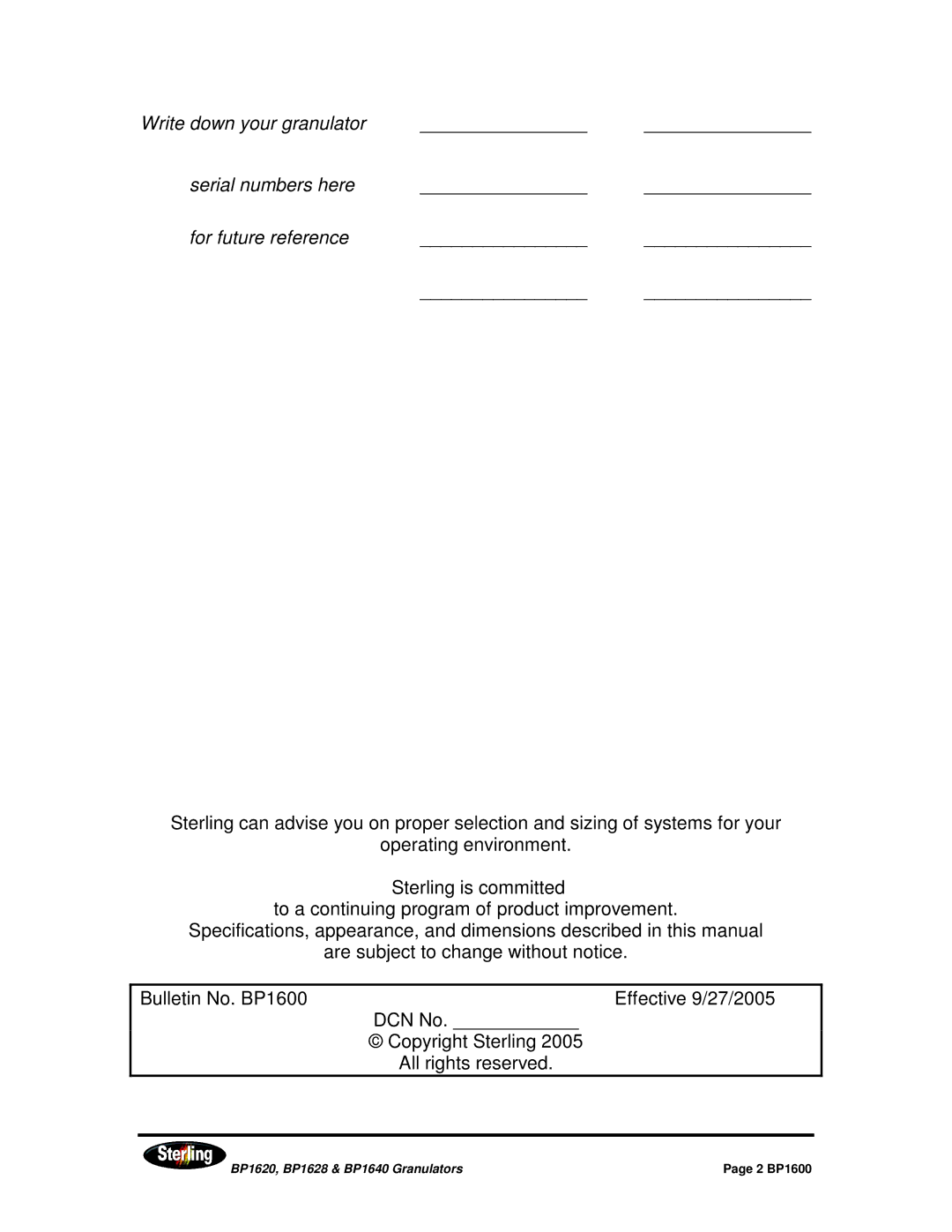 Sterling installation manual BP1620, BP1628 & BP1640 Granulators 