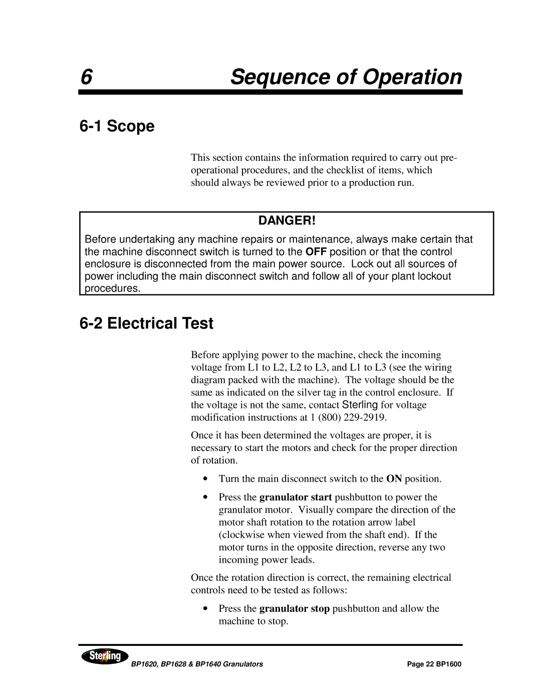 Sterling BP1640, BP1628, BP1620 installation manual Sequence of Operation, Electrical Test 