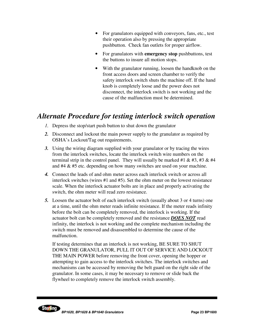 Sterling BP1620, BP1628, BP1640 installation manual Alternate Procedure for testing interlock switch operation 