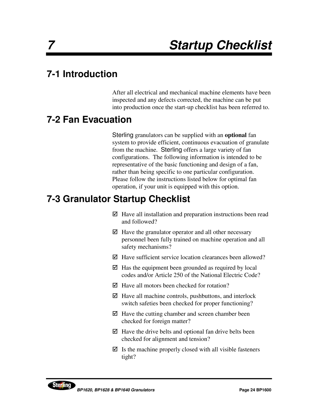 Sterling BP1628, BP1640, BP1620 installation manual Fan Evacuation, Granulator Startup Checklist 