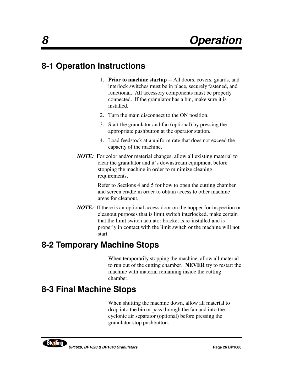 Sterling BP1620, BP1628, BP1640 installation manual Operation Instructions, Temporary Machine Stops, Final Machine Stops 