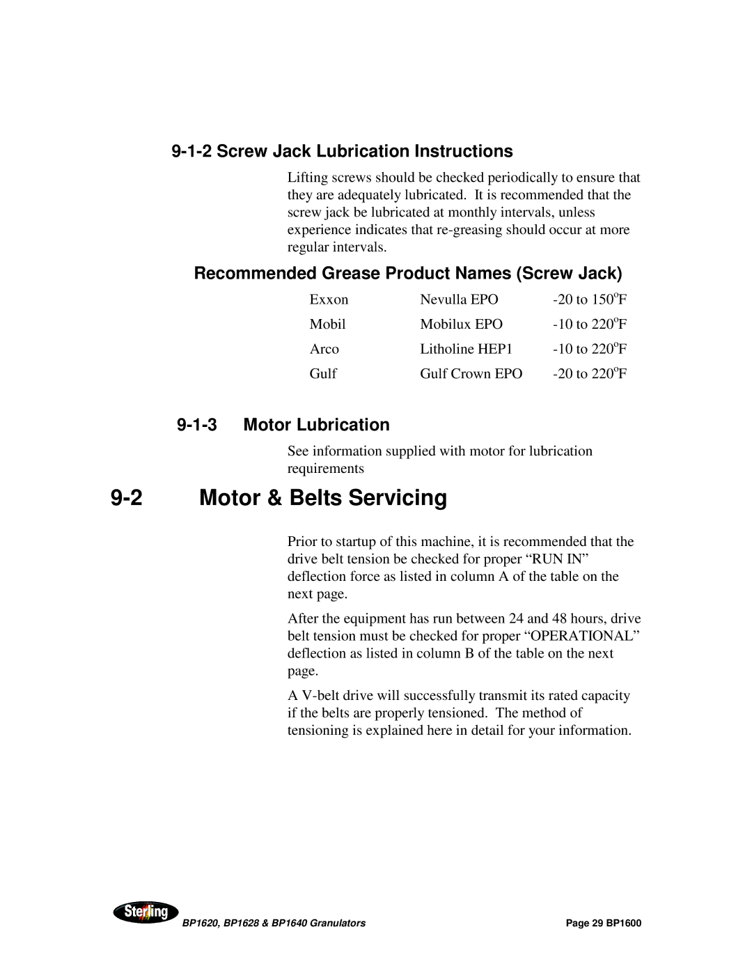 Sterling BP1620, BP1628, BP1640 installation manual Motor & Belts Servicing, Screw Jack Lubrication Instructions 