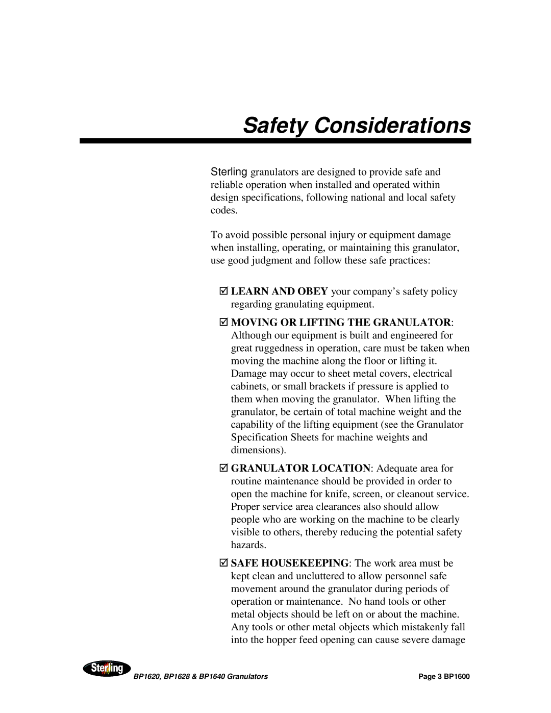 Sterling BP1628, BP1640, BP1620 installation manual Safety Considerations 