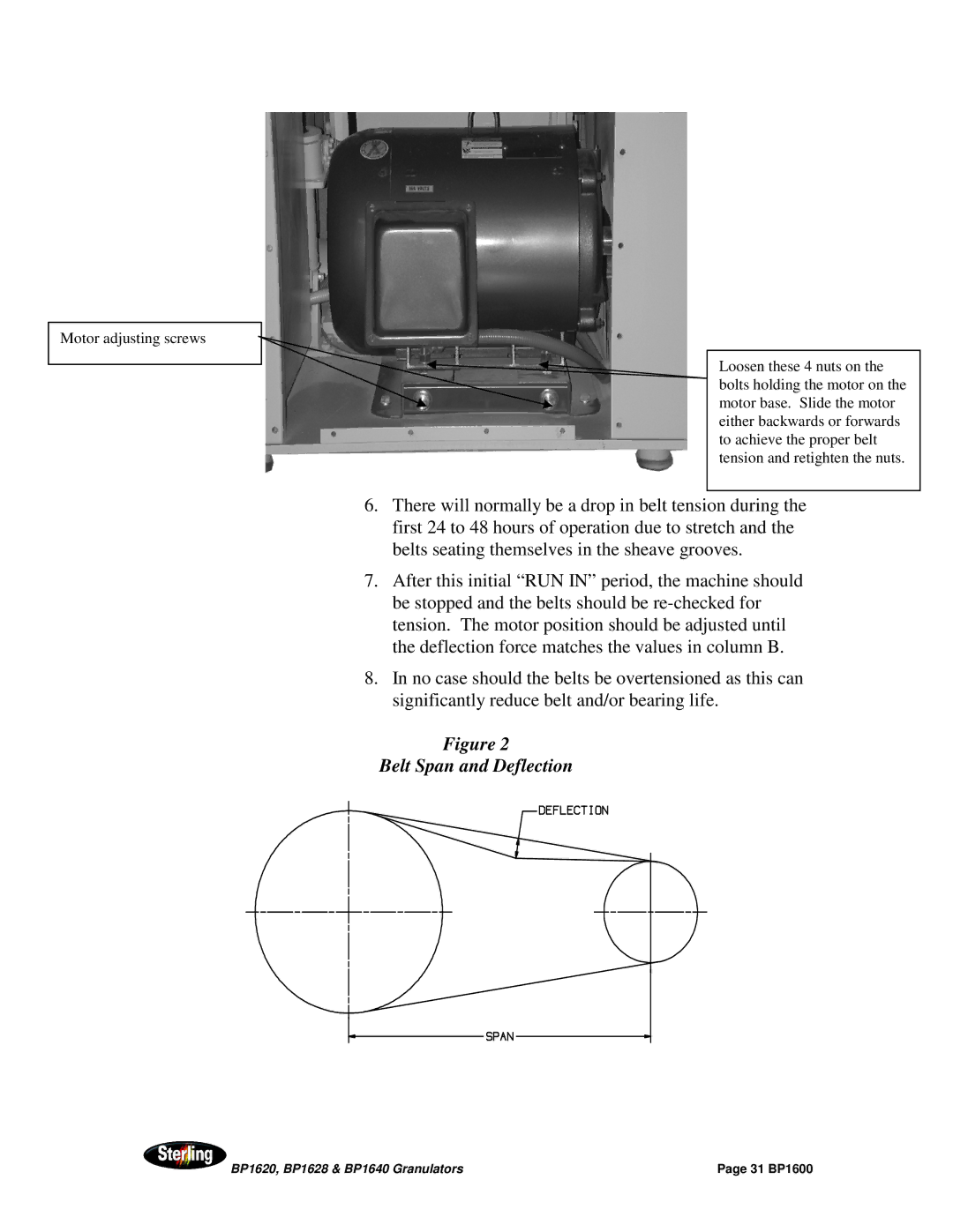 Sterling BP1640, BP1628, BP1620 installation manual Belt Span and Deflection 