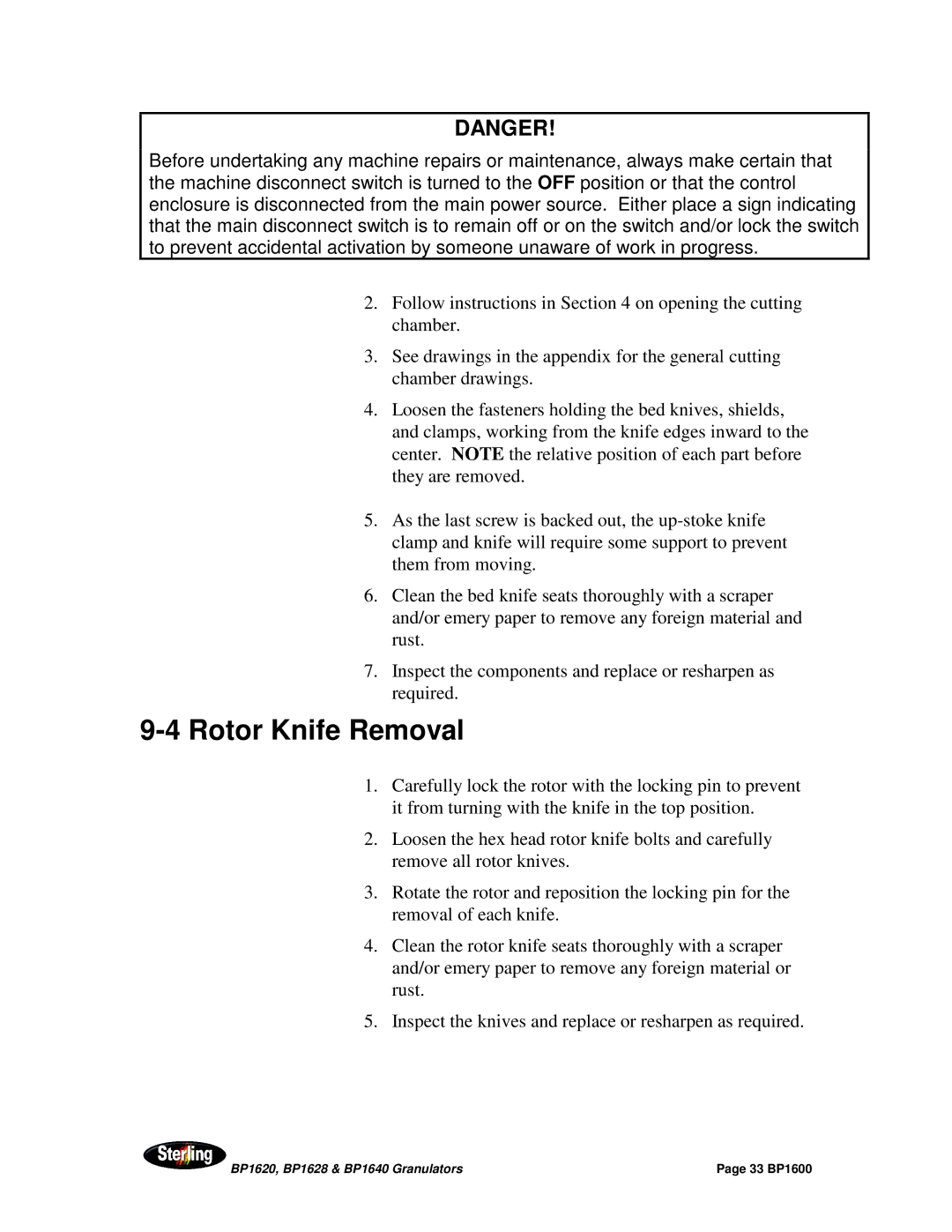 Sterling BP1628, BP1640, BP1620 installation manual Rotor Knife Removal 