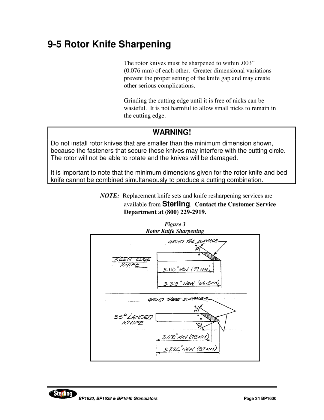 Sterling BP1640, BP1628, BP1620 installation manual Rotor Knife Sharpening 