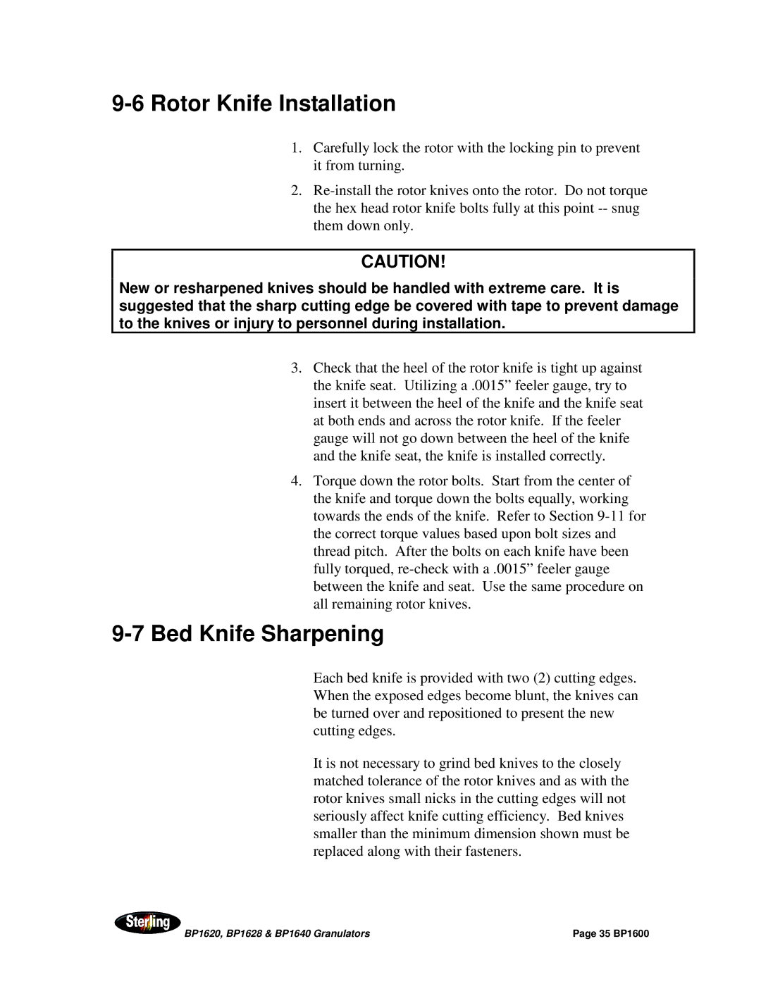 Sterling BP1620, BP1628, BP1640 installation manual Rotor Knife Installation, Bed Knife Sharpening 