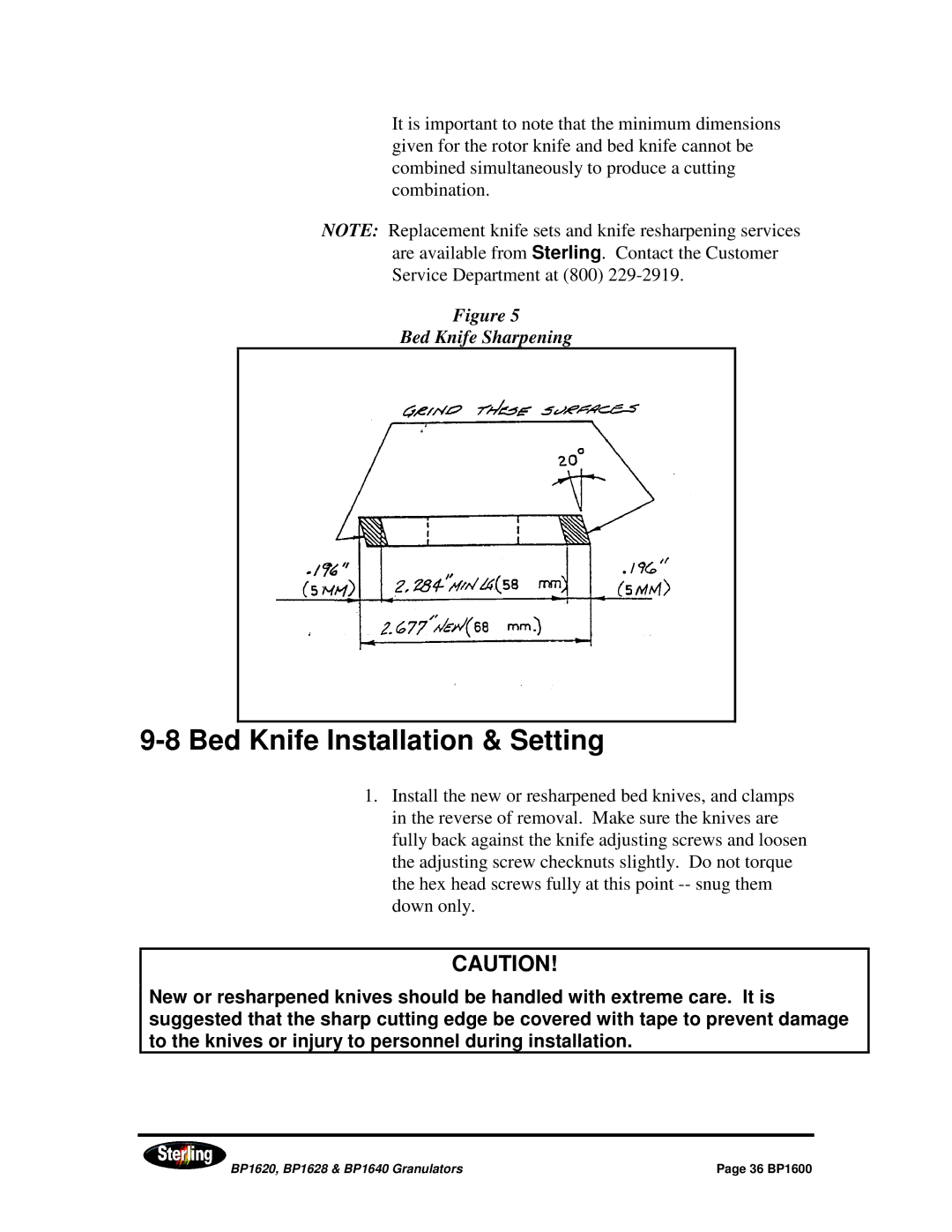 Sterling BP1628, BP1640, BP1620 installation manual Bed Knife Installation & Setting 