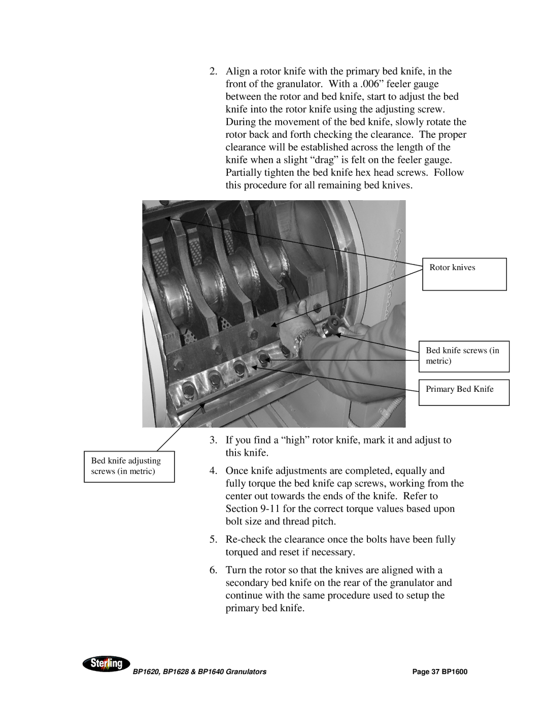 Sterling BP1640, BP1628, BP1620 installation manual Bed knife adjusting screws in metric 