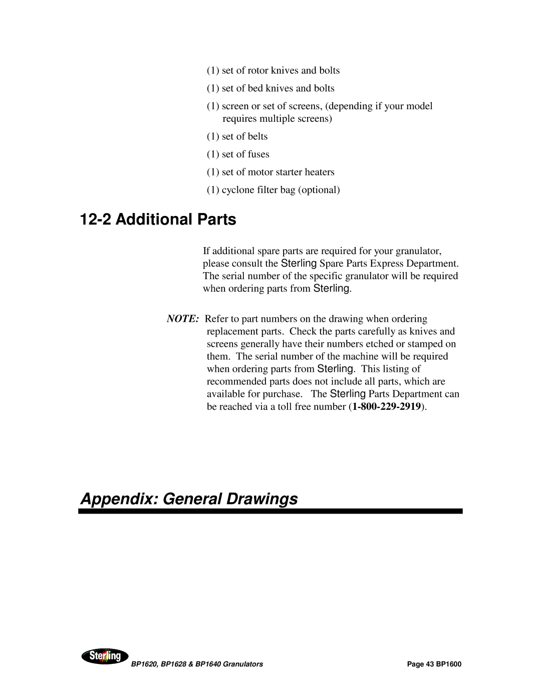 Sterling BP1640, BP1628, BP1620 installation manual Additional Parts, Appendix General Drawings 