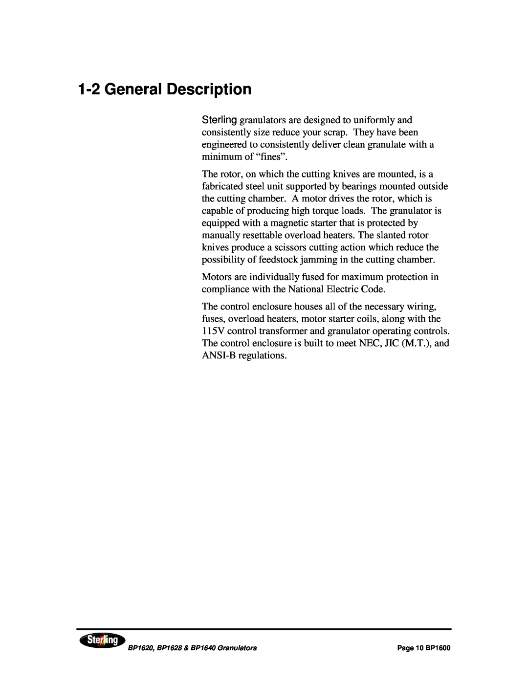 Sterling BP1640, BP1628, BP1620 installation manual 1-2General Description, Page 10 BP1600 