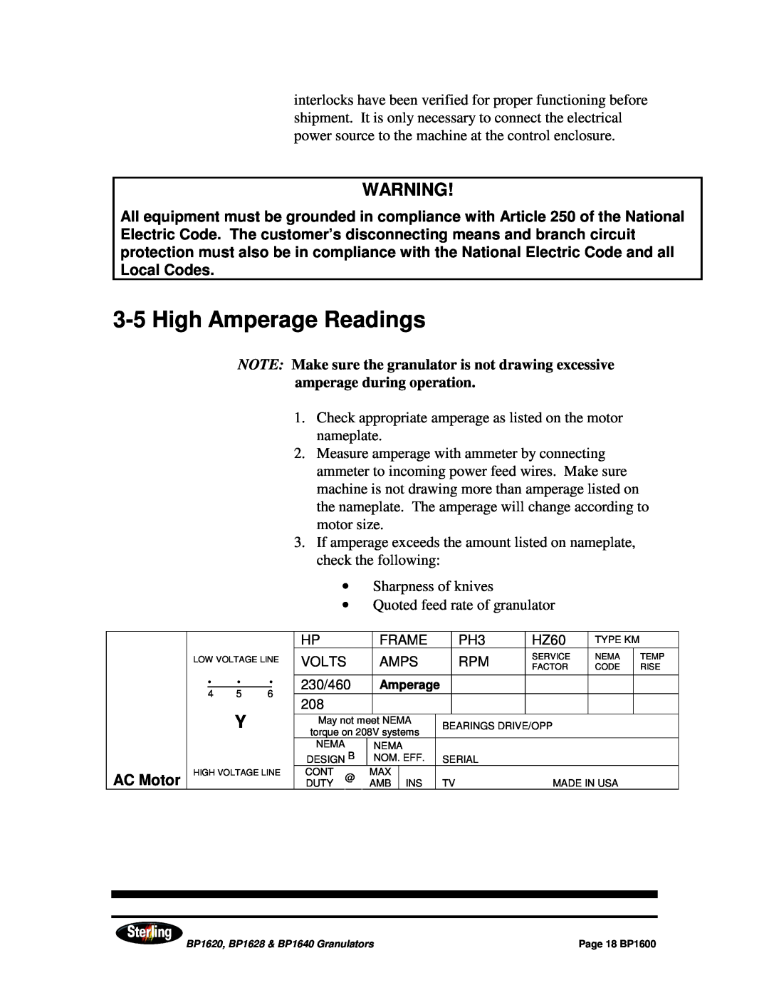 Sterling BP1628, BP1640, BP1620 installation manual 3-5High Amperage Readings, AC Motor 
