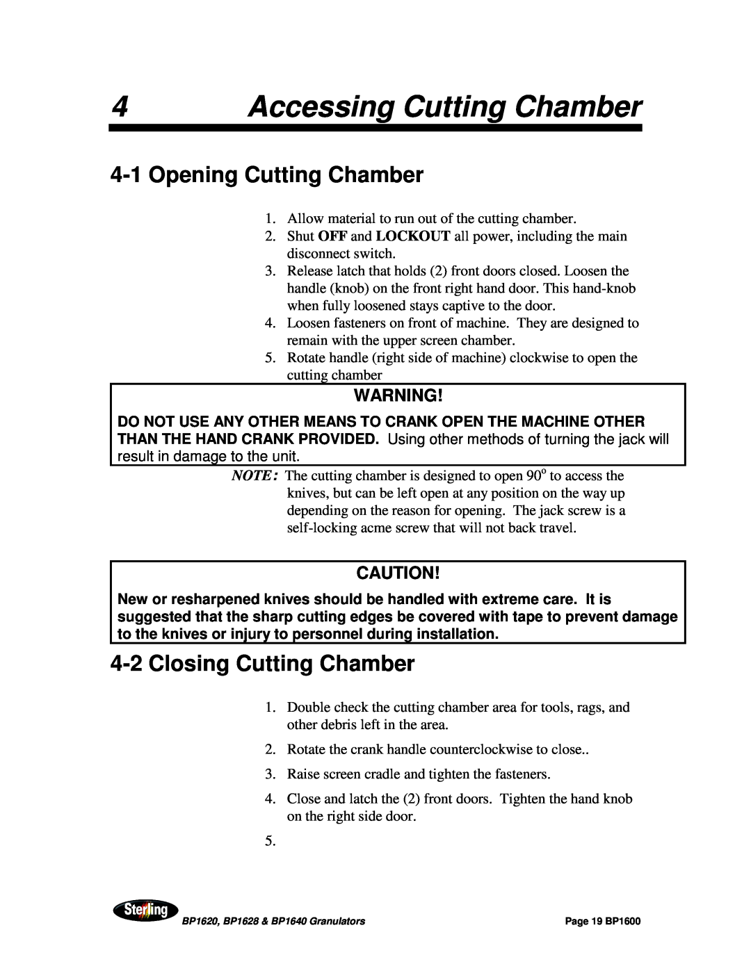Sterling BP1640, BP1628, BP1620 Accessing Cutting Chamber, 4-1Opening Cutting Chamber, 4-2Closing Cutting Chamber 