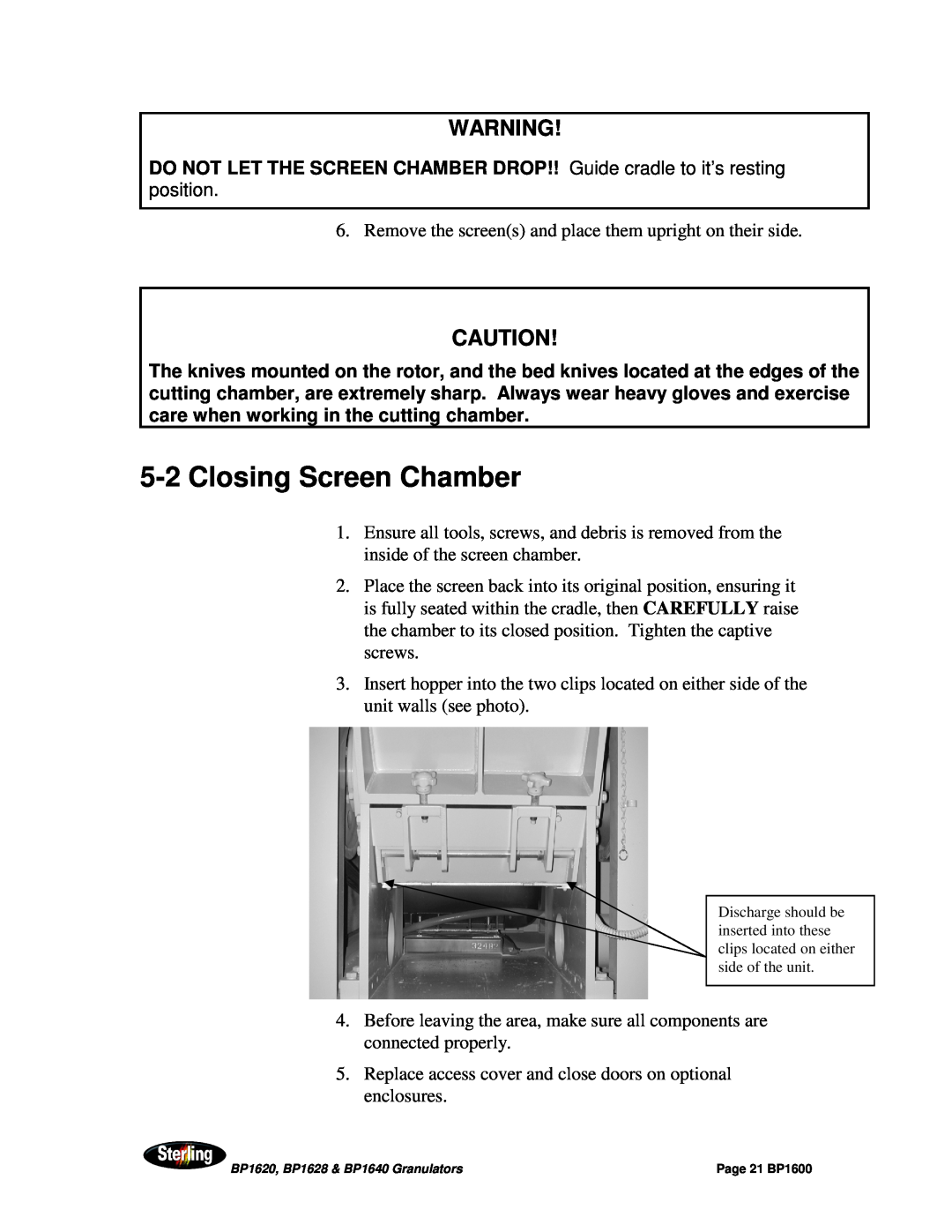 Sterling BP1628, BP1640, BP1620 installation manual 5-2Closing Screen Chamber, Page 21 BP1600 