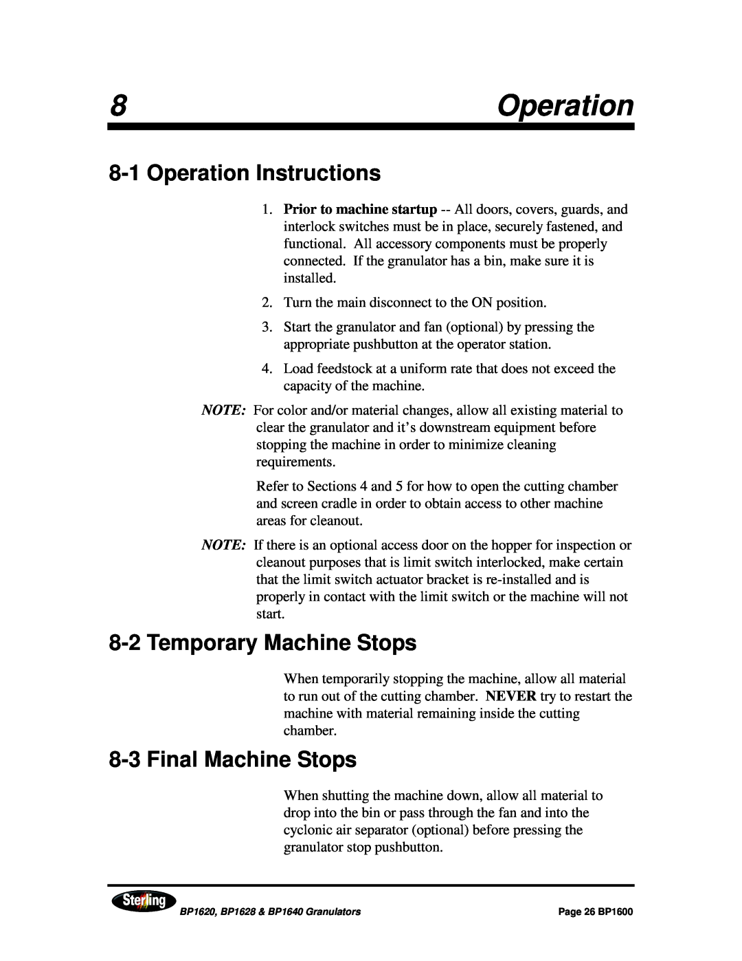 Sterling BP1620, BP1628, BP1640 8-1Operation Instructions, 8-2Temporary Machine Stops, 8-3Final Machine Stops 