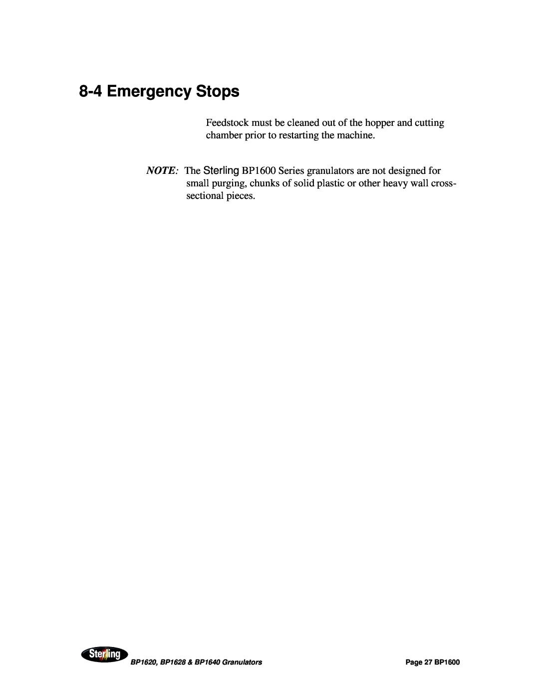 Sterling BP1628, BP1640, BP1620 installation manual 8-4Emergency Stops, Page 27 BP1600 