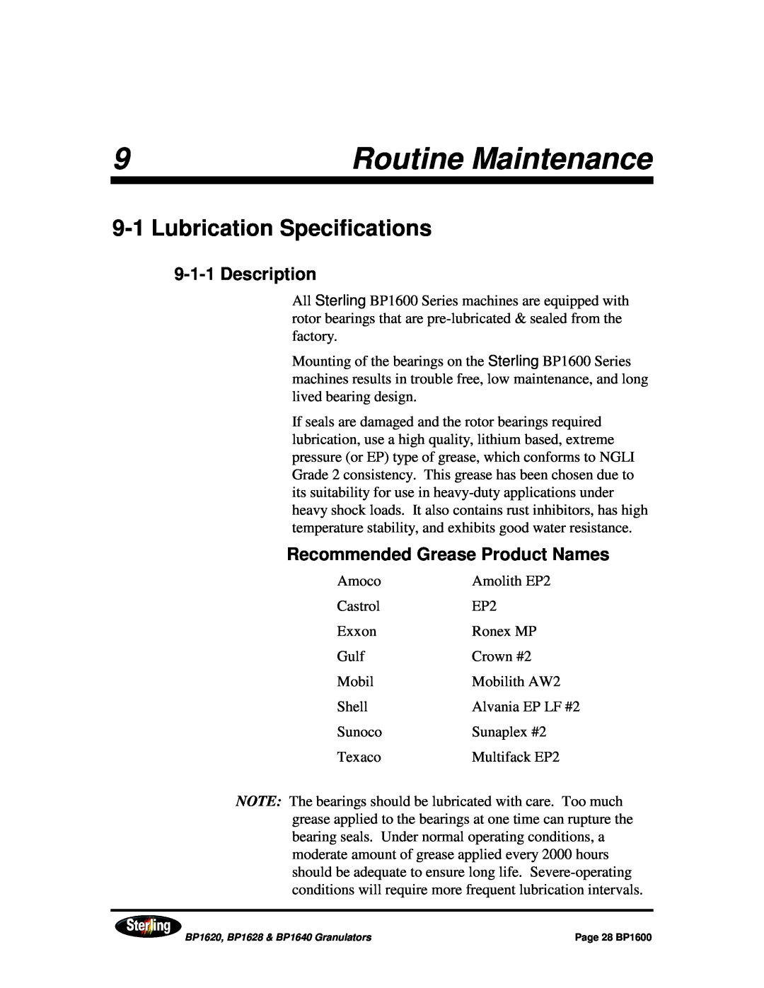 Sterling BP1640 Routine Maintenance, 9-1Lubrication Specifications, 9-1-1Description, Recommended Grease Product Names 