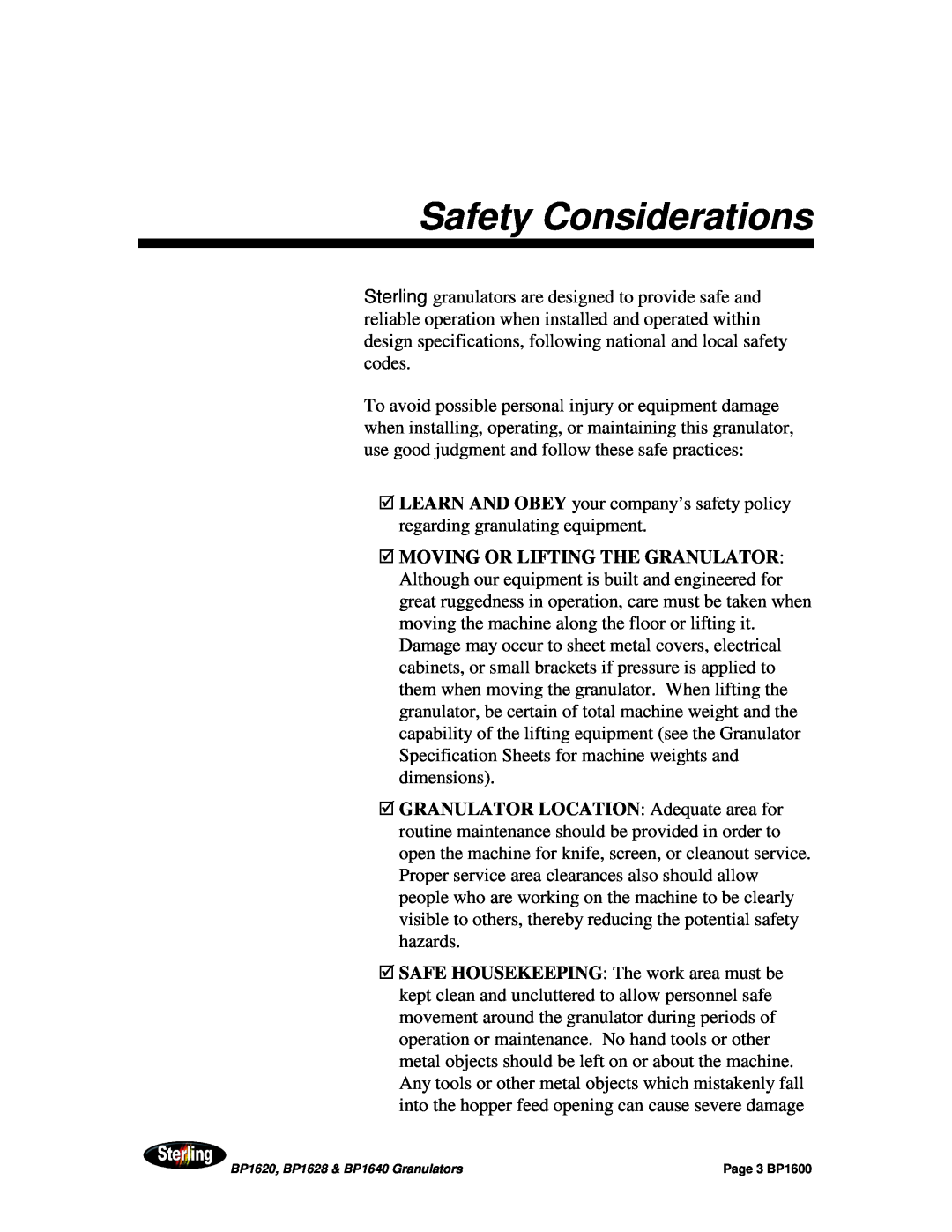 Sterling BP1628, BP1640, BP1620 installation manual Safety Considerations, Page 3 BP1600 