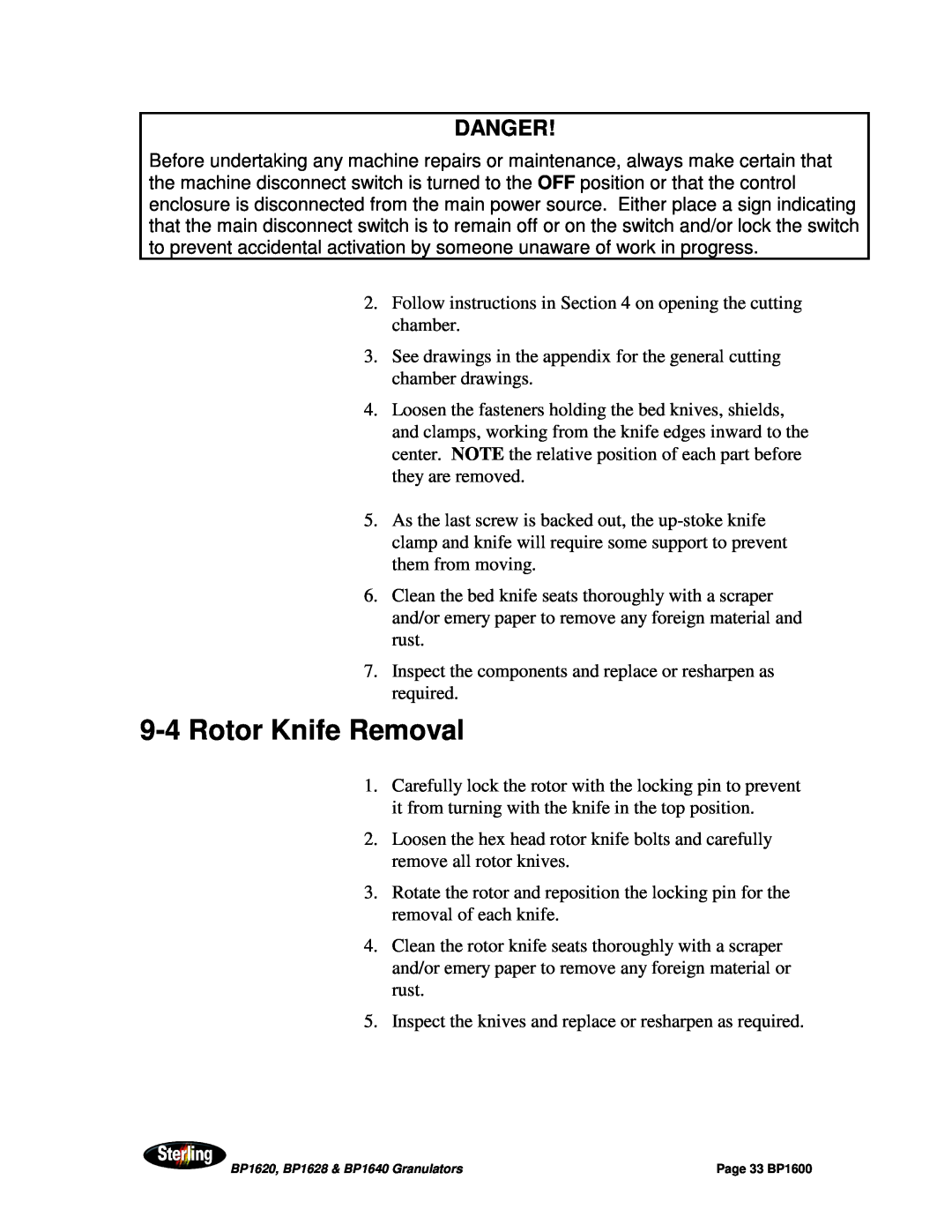 Sterling BP1628, BP1640, BP1620 installation manual 9-4Rotor Knife Removal, Danger, Page 33 BP1600 