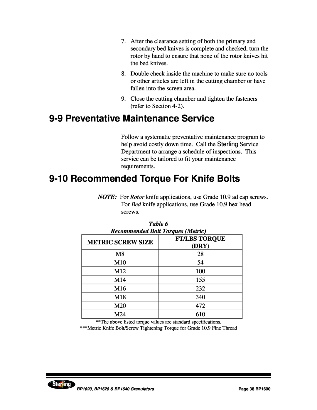 Sterling BP1620, BP1628 9-9Preventative Maintenance Service, 9-10Recommended Torque For Knife Bolts, Metric Screw Size 
